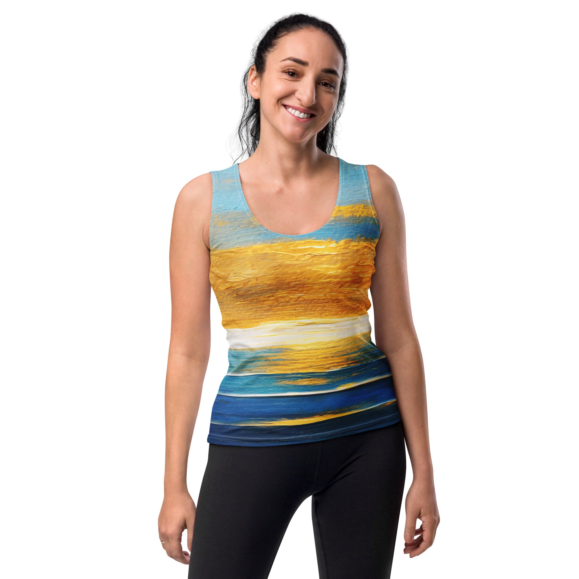 Womens Stretch Fit Tank Top in Blue Ocean Golden Sunset Print, showcasing a vibrant sunset design on a comfortable sleeveless top.