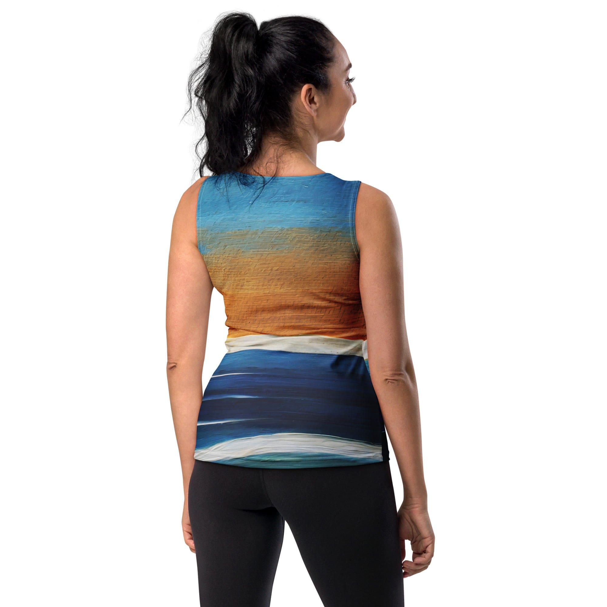 Womens Stretch Fit Tank Top in Blue Ocean Golden Sunset Print, showcasing a vibrant sunset design on a comfortable sleeveless top.