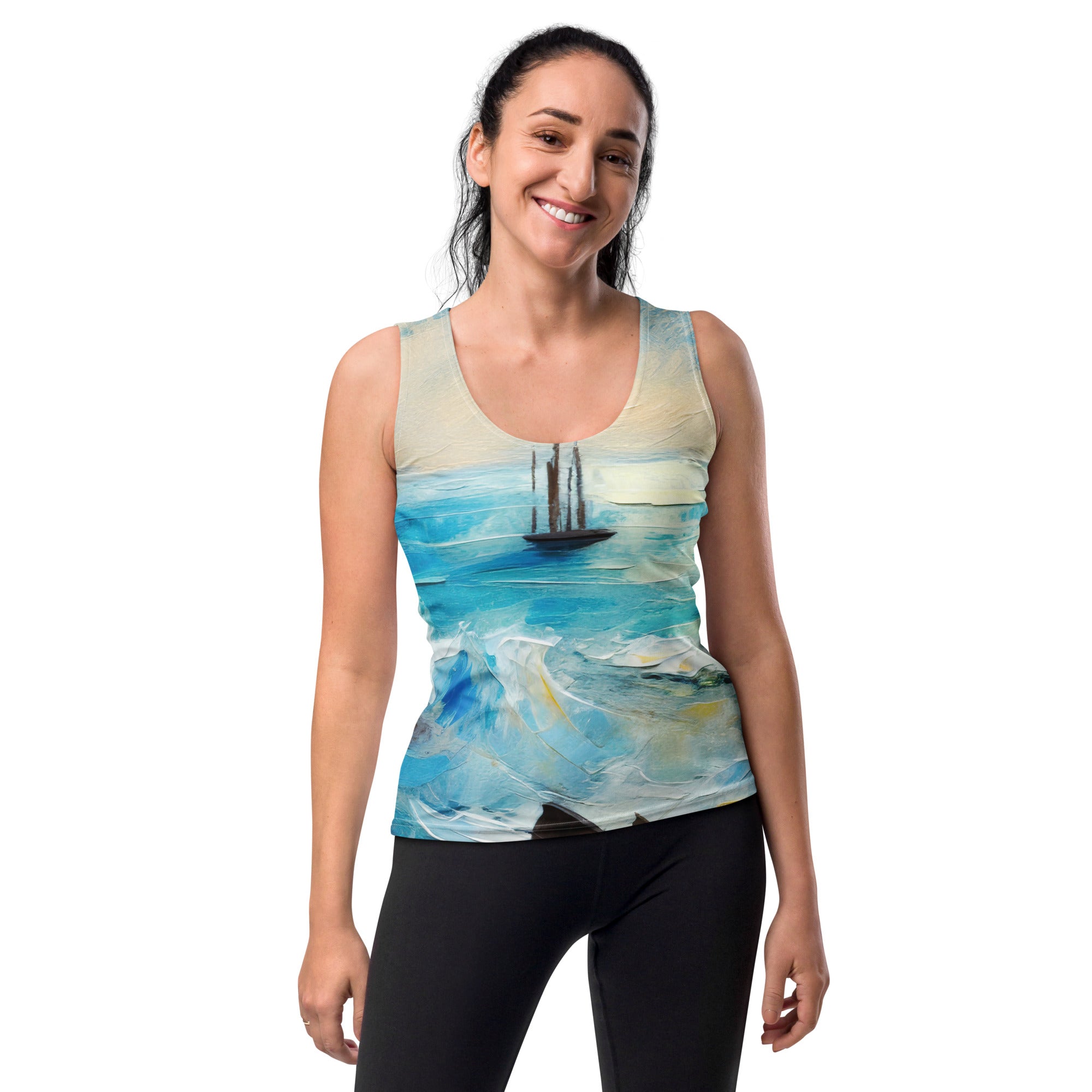 Womens Stretch Fit Tank Top in Blue Ocean Print, showcasing a sleeveless design and scoop neckline, perfect for workouts and casual wear.