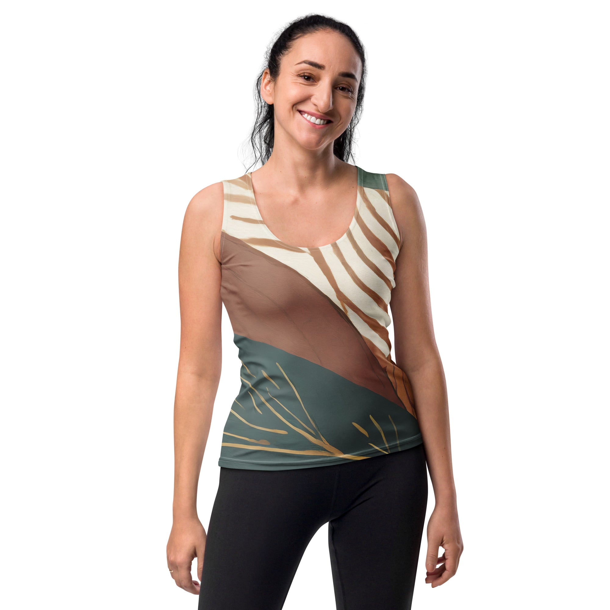 Womens Stretch Fit Tank Top featuring a vibrant boho style print, showcasing a scoop neckline and sleeveless design for a chic look.