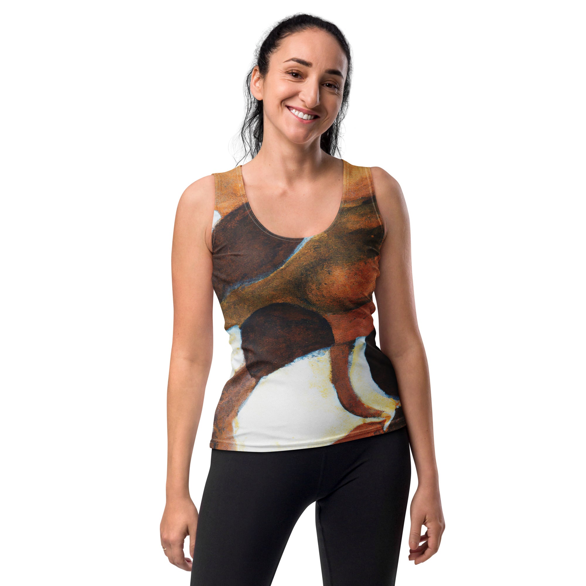 Womens Stretch Fit Tank Top in Brown White Stone Pattern, showcasing a stylish sleeveless design and scoop neckline.