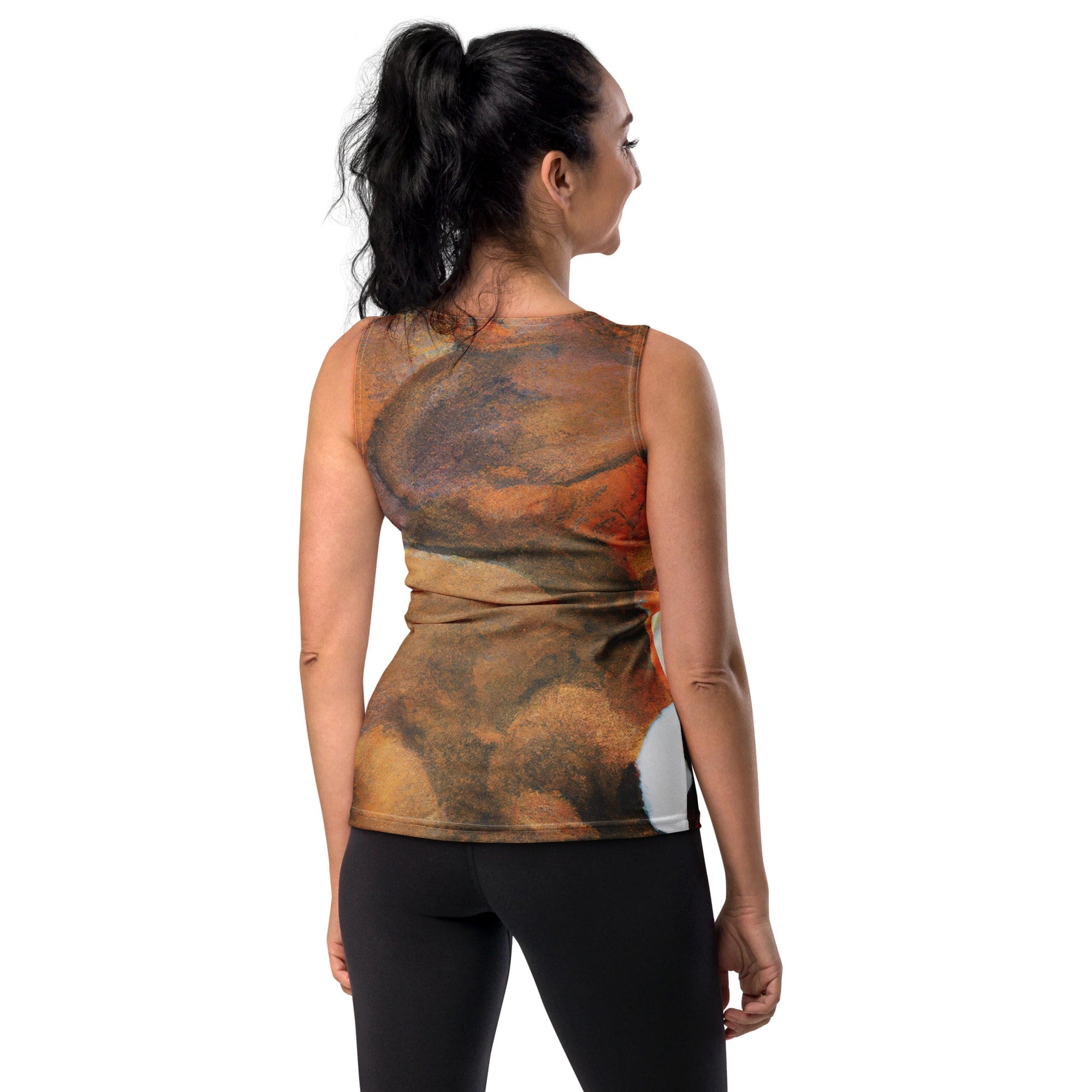 Womens Stretch Fit Tank Top in Brown White Stone Pattern, showcasing a stylish sleeveless design and scoop neckline.