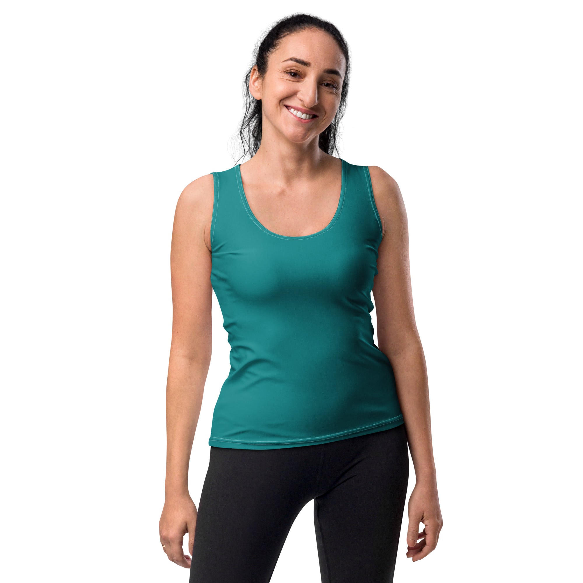 Womens Stretch Fit Tank Top in Dark Teal Green, showcasing its sleeveless design and scoop neckline.