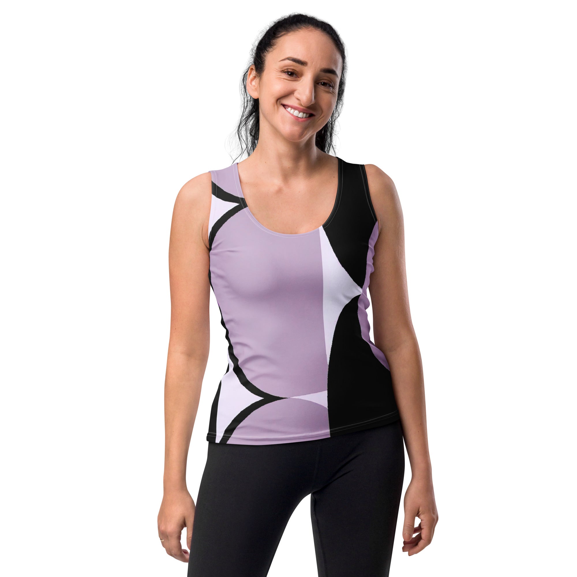 Women's Stretch Fit Tank Top in geometric lavender and black pattern, showcasing a sleeveless design and scoop neckline.