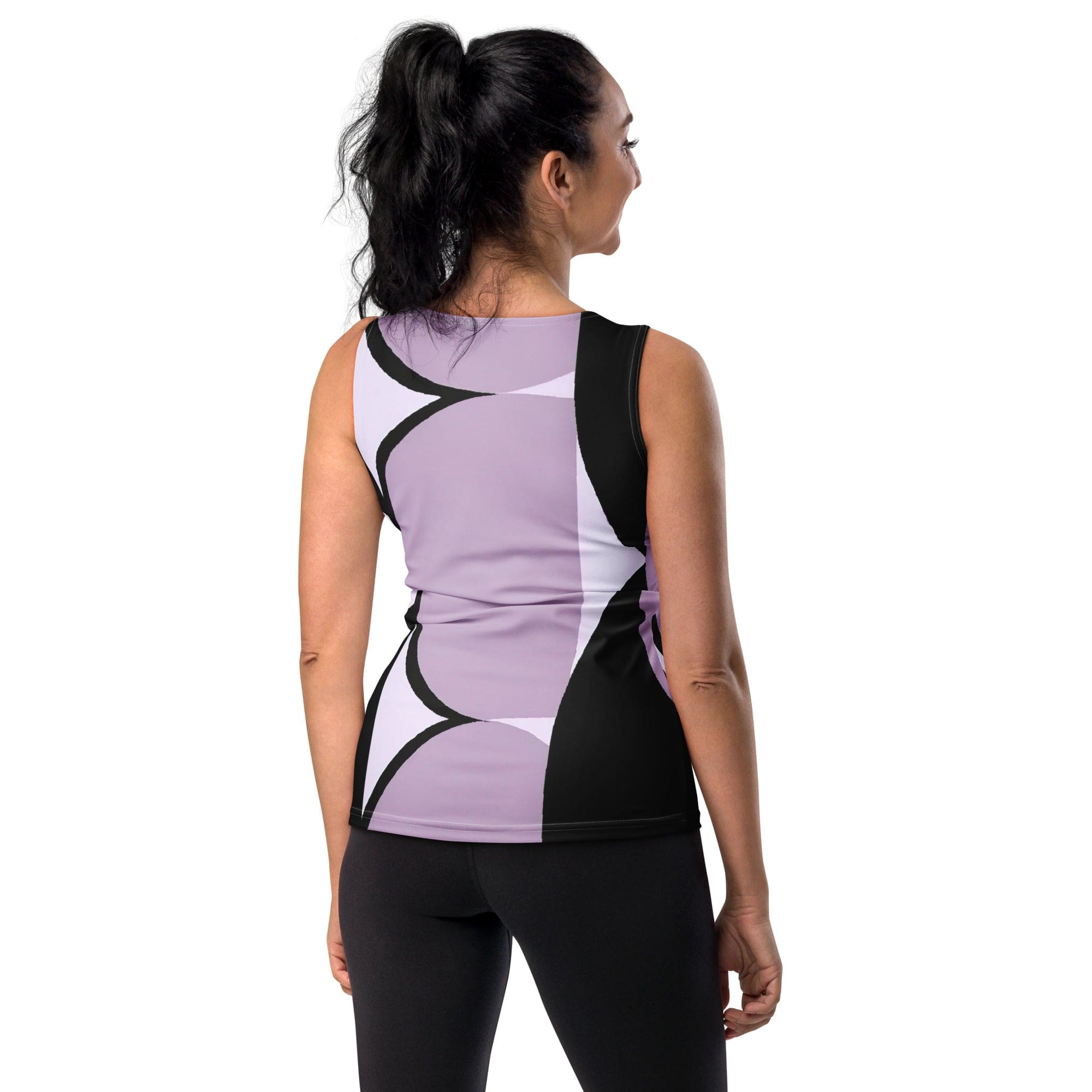 Women's Stretch Fit Tank Top in geometric lavender and black pattern, showcasing a sleeveless design and scoop neckline.