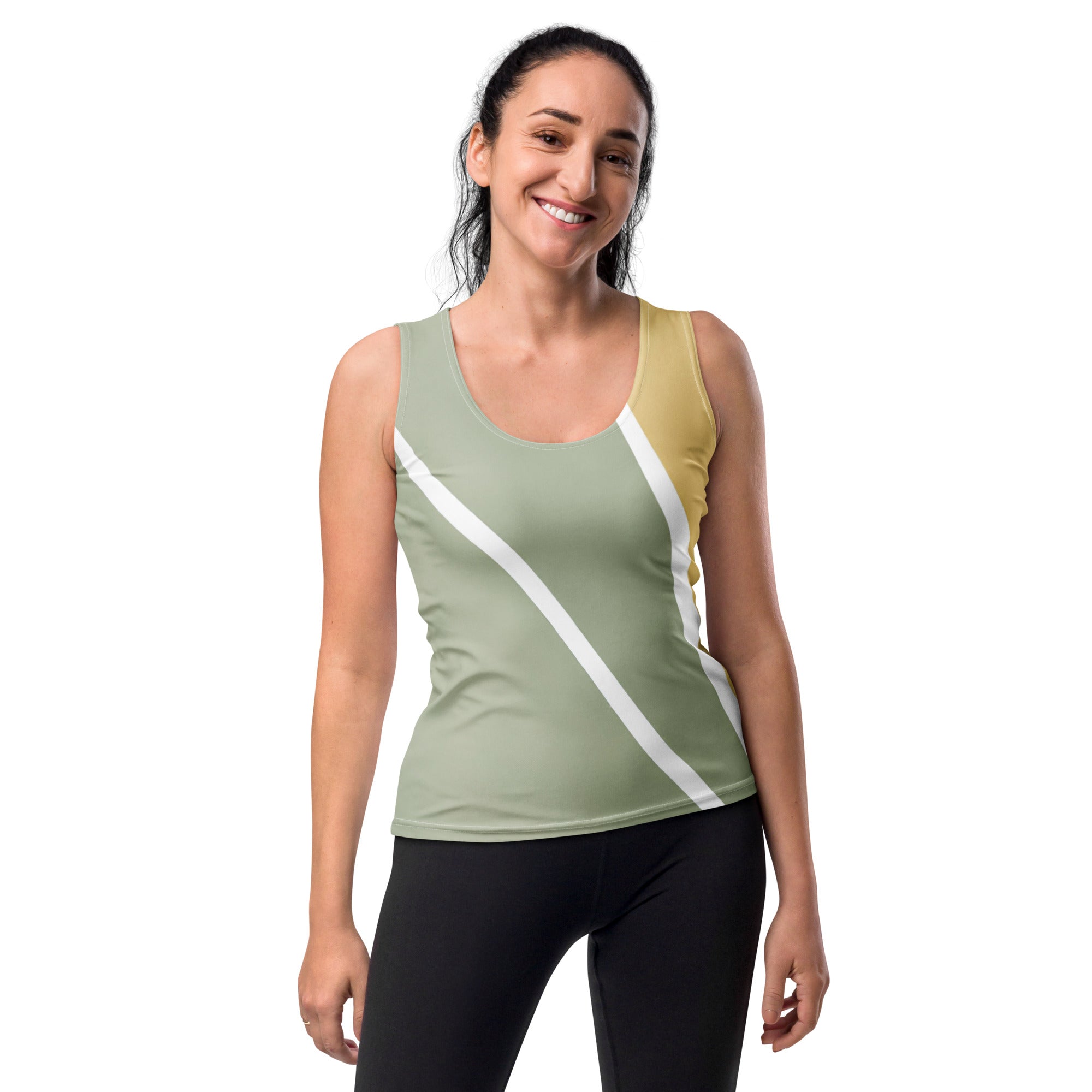 Women's Stretch Fit Tank Top in Green Abstract Geometric Pattern, showcasing a sleeveless design and scoop neckline.