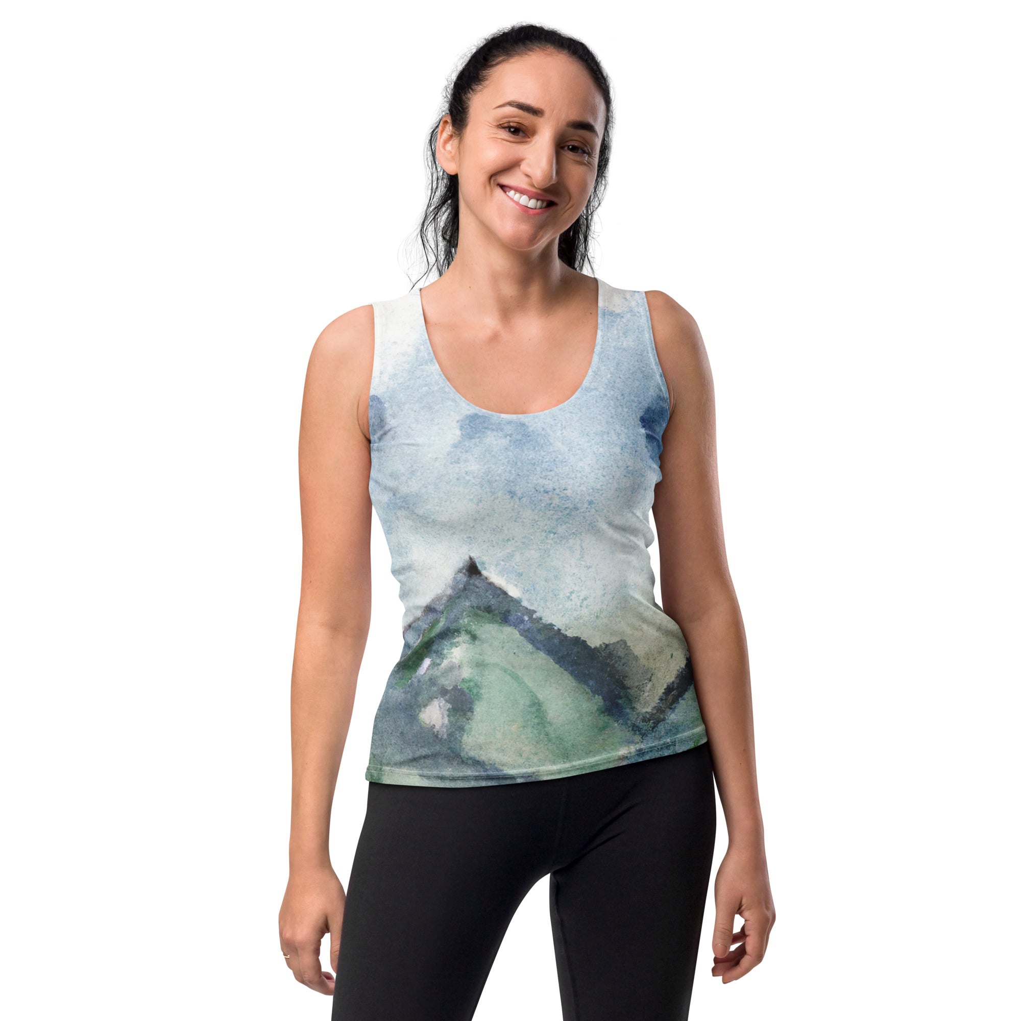 Womens Stretch Fit Tank Top featuring a Green Mountainside Nature Landscape Blue Sky Print, perfect for workouts and casual wear.