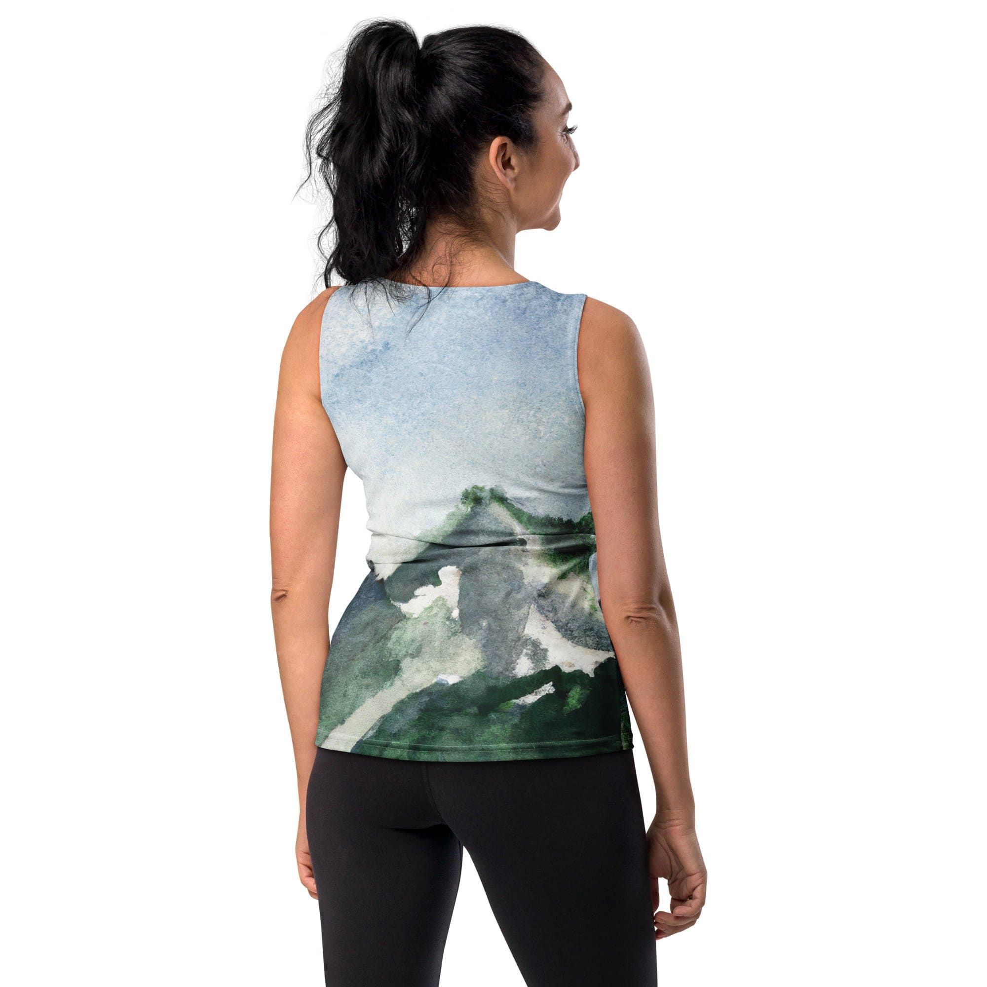 Womens Stretch Fit Tank Top featuring a Green Mountainside Nature Landscape Blue Sky Print, perfect for workouts and casual wear.