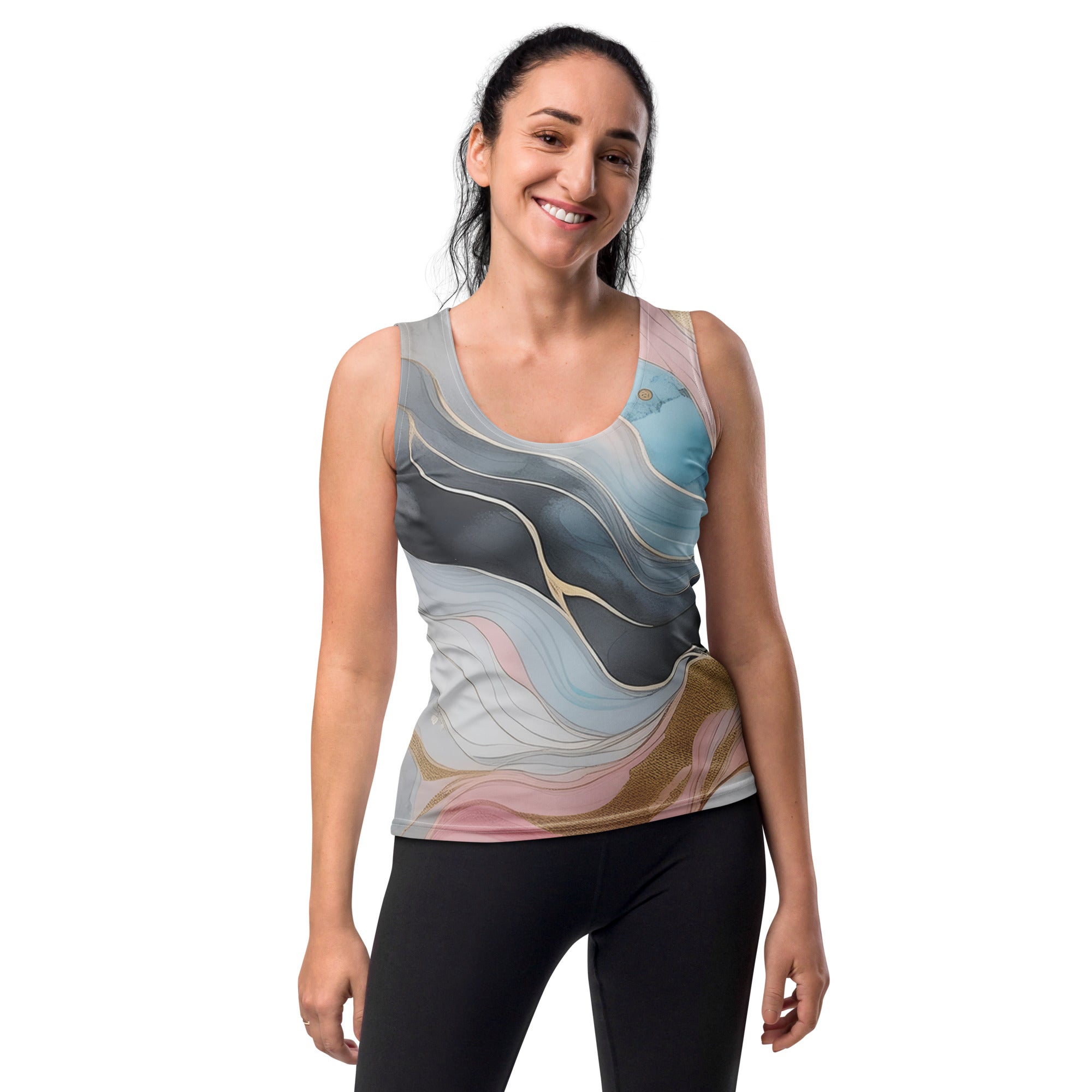 Womens Stretch Fit Tank Top in Marble Cloud of Grey Pink Blue, showcasing its sleeveless design and scoop neckline.