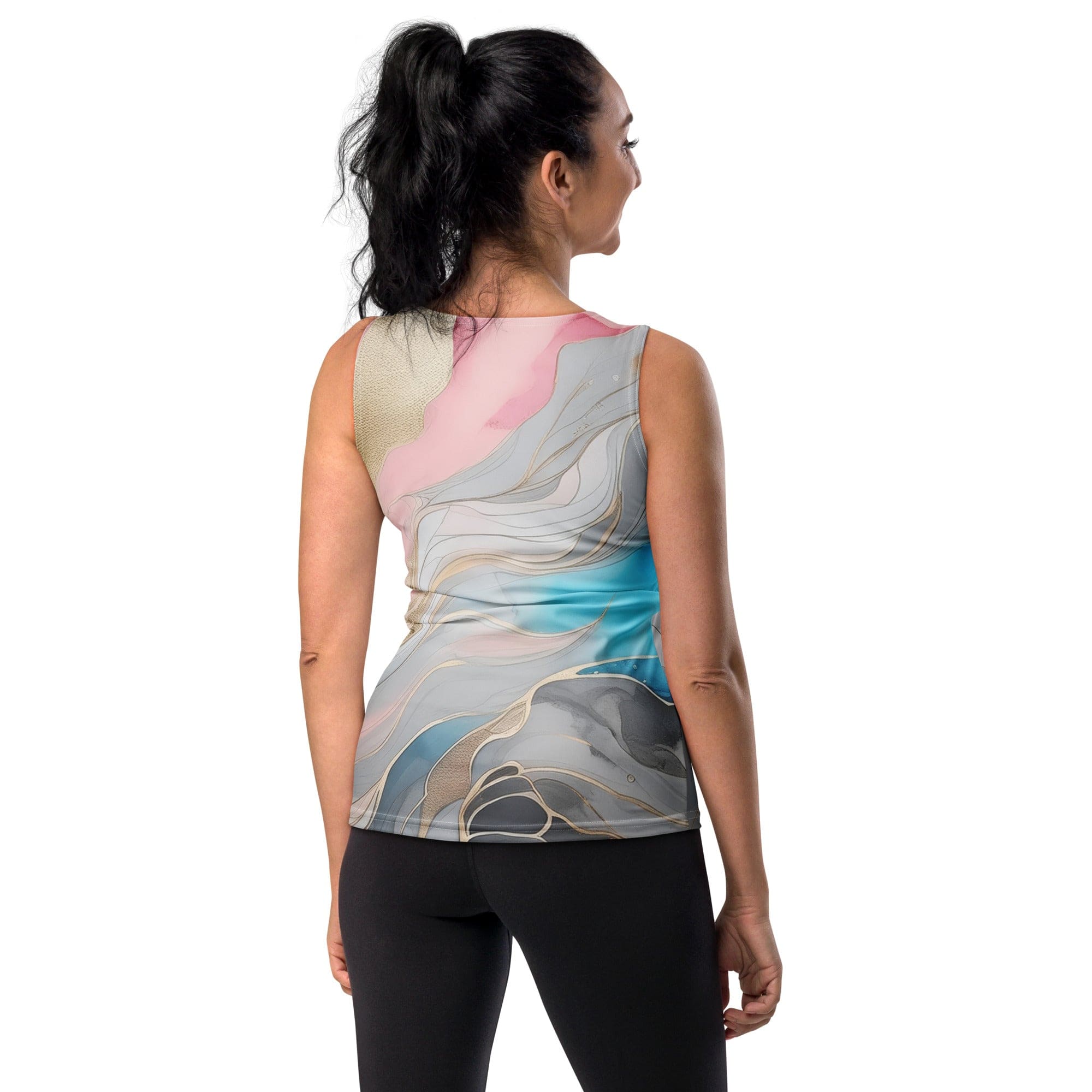 Womens Stretch Fit Tank Top in Marble Cloud of Grey Pink Blue, showcasing its sleeveless design and scoop neckline.