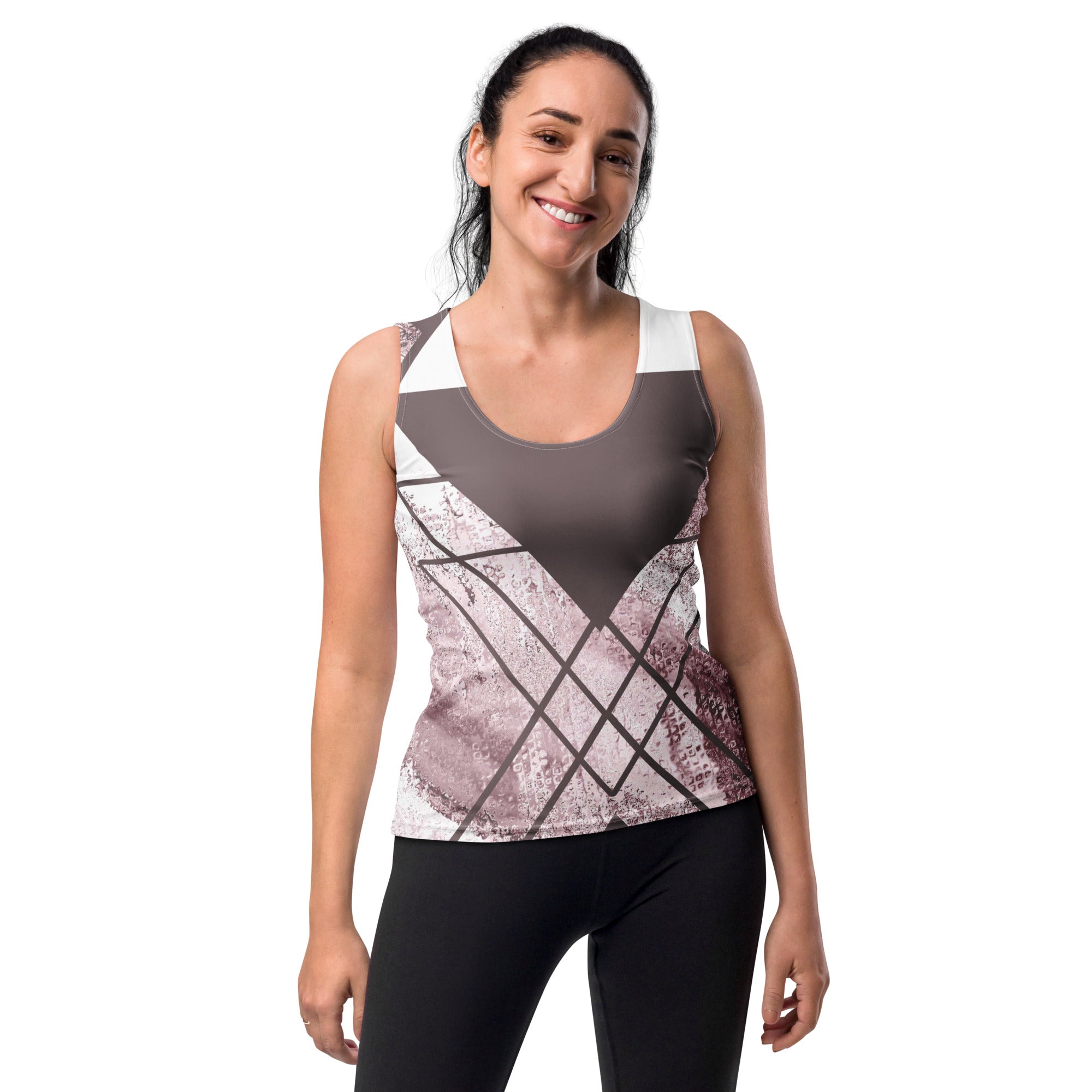 Womens Stretch Fit Tank Top in Mauve Rose and White Triangular Colorblock, showcasing its stylish design and comfortable fit.