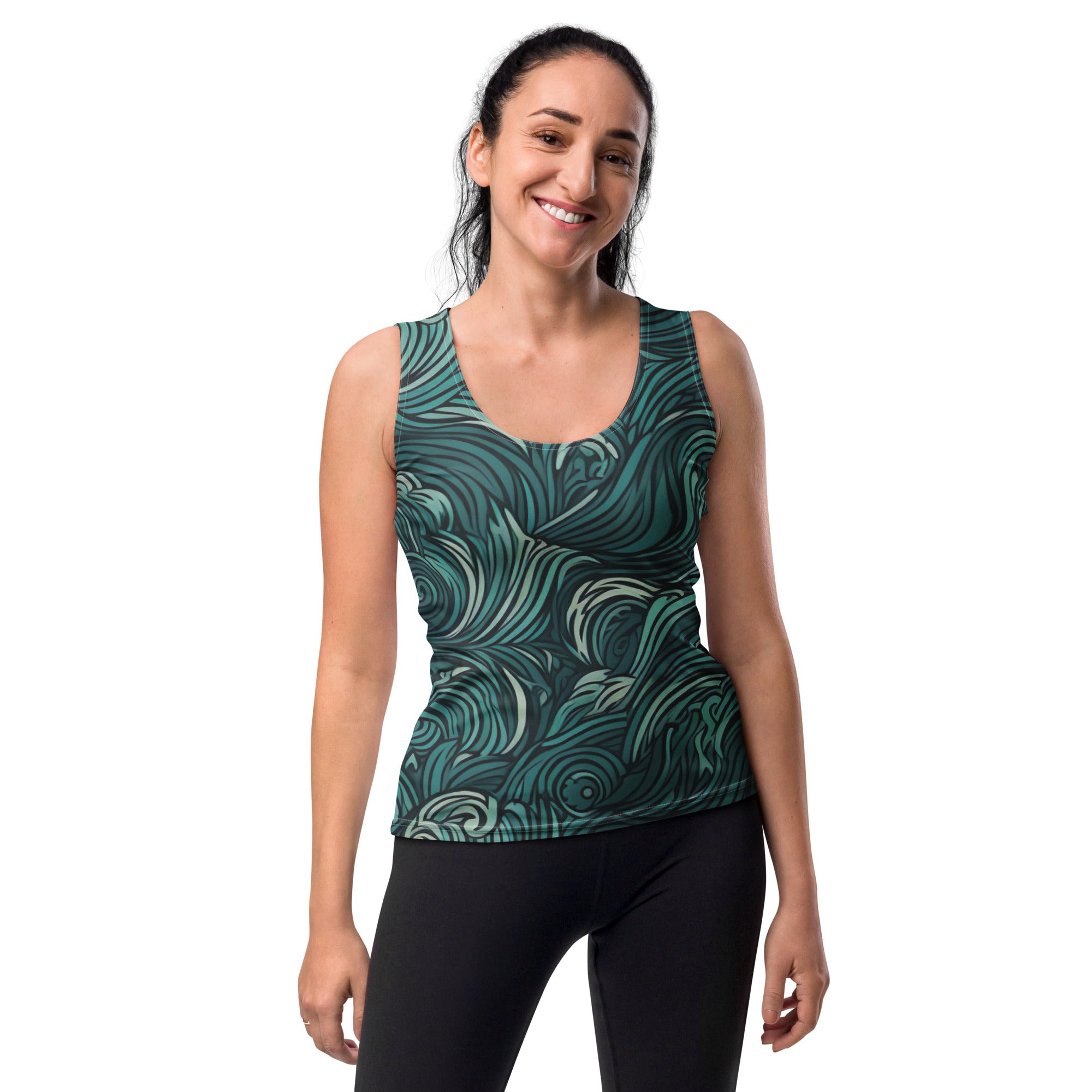 Mint green women's stretch fit tank top featuring a water wave print, designed for comfort and style during workouts or casual outings.