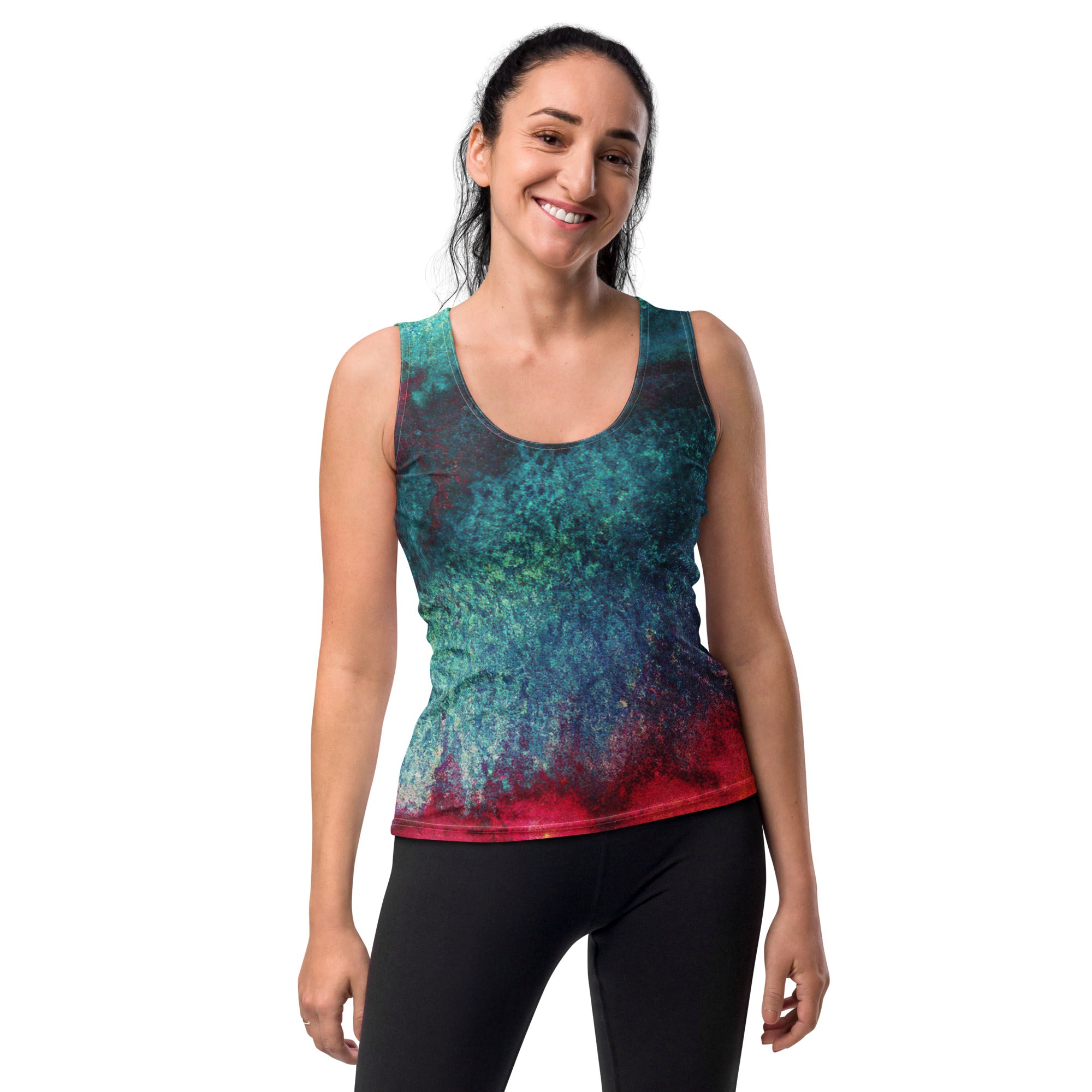 Women's Stretch Fit Tank Top featuring a multicolor abstract pattern, designed for comfort and style.