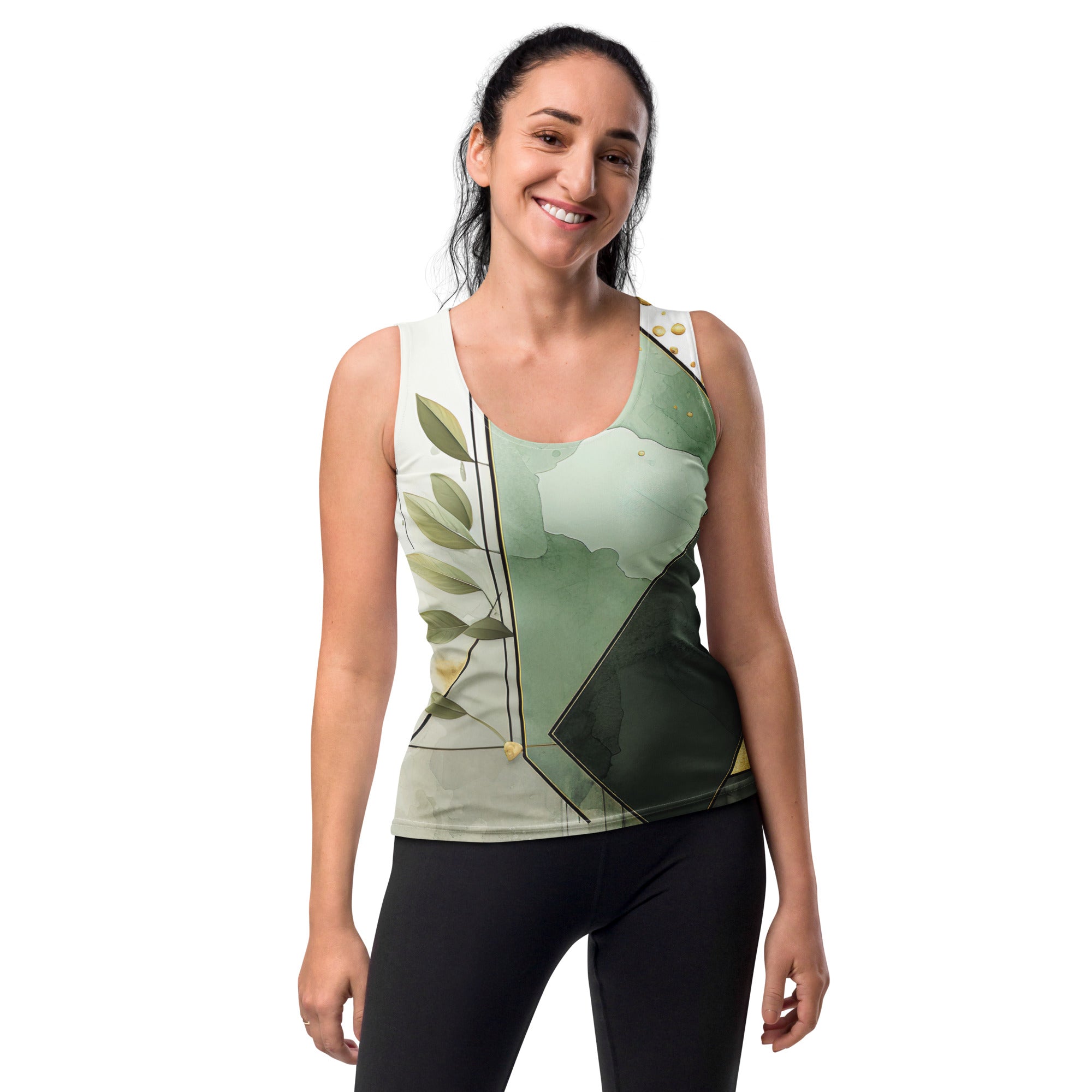 Womens Stretch Fit Tank Top in Olive Green Mint Leaf Geometric Print, showcasing a stylish scoop neckline and sleeveless design.