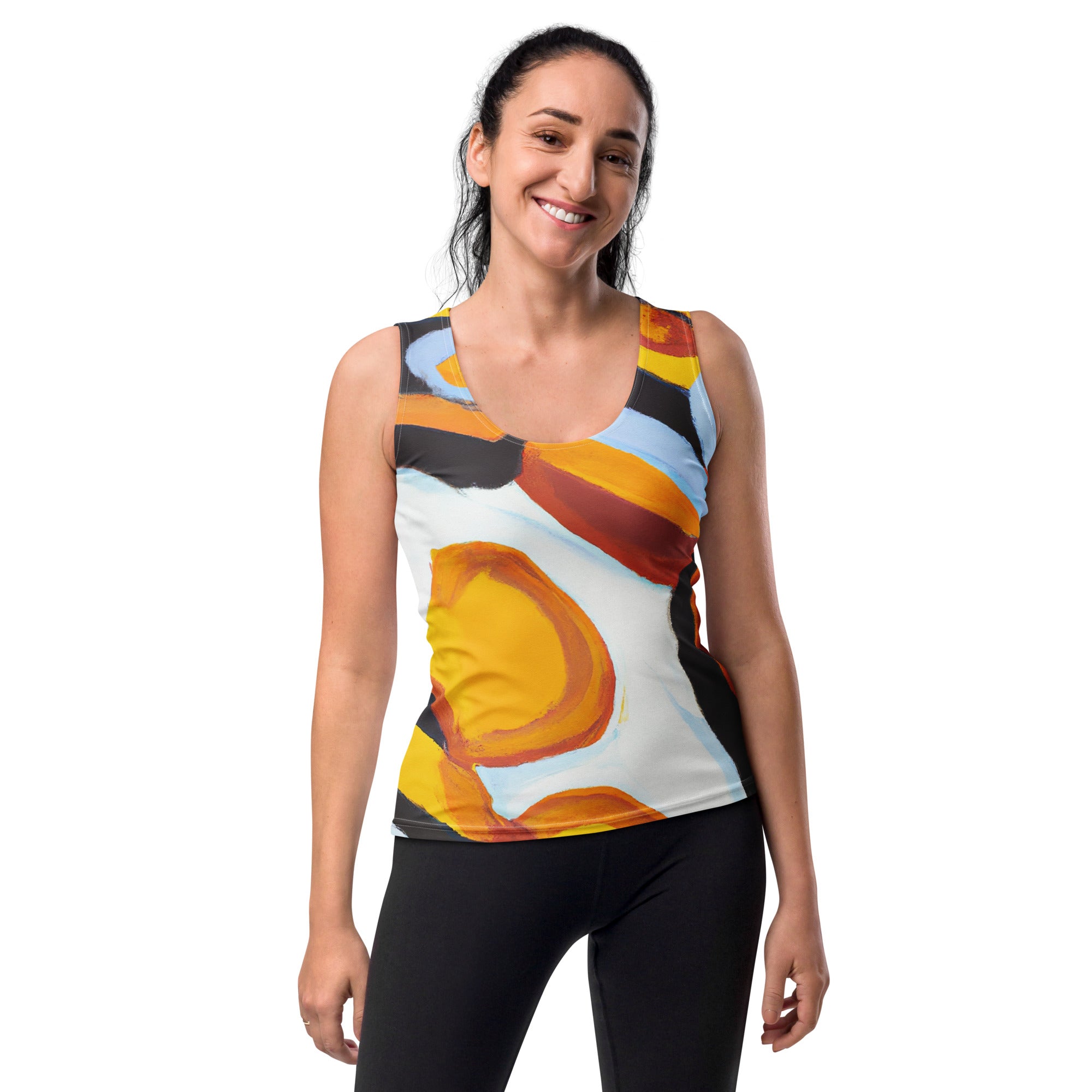 Womens Stretch Fit Tank Top featuring an orange, black, and white geometric print, showcasing its sleeveless design and scoop neckline.