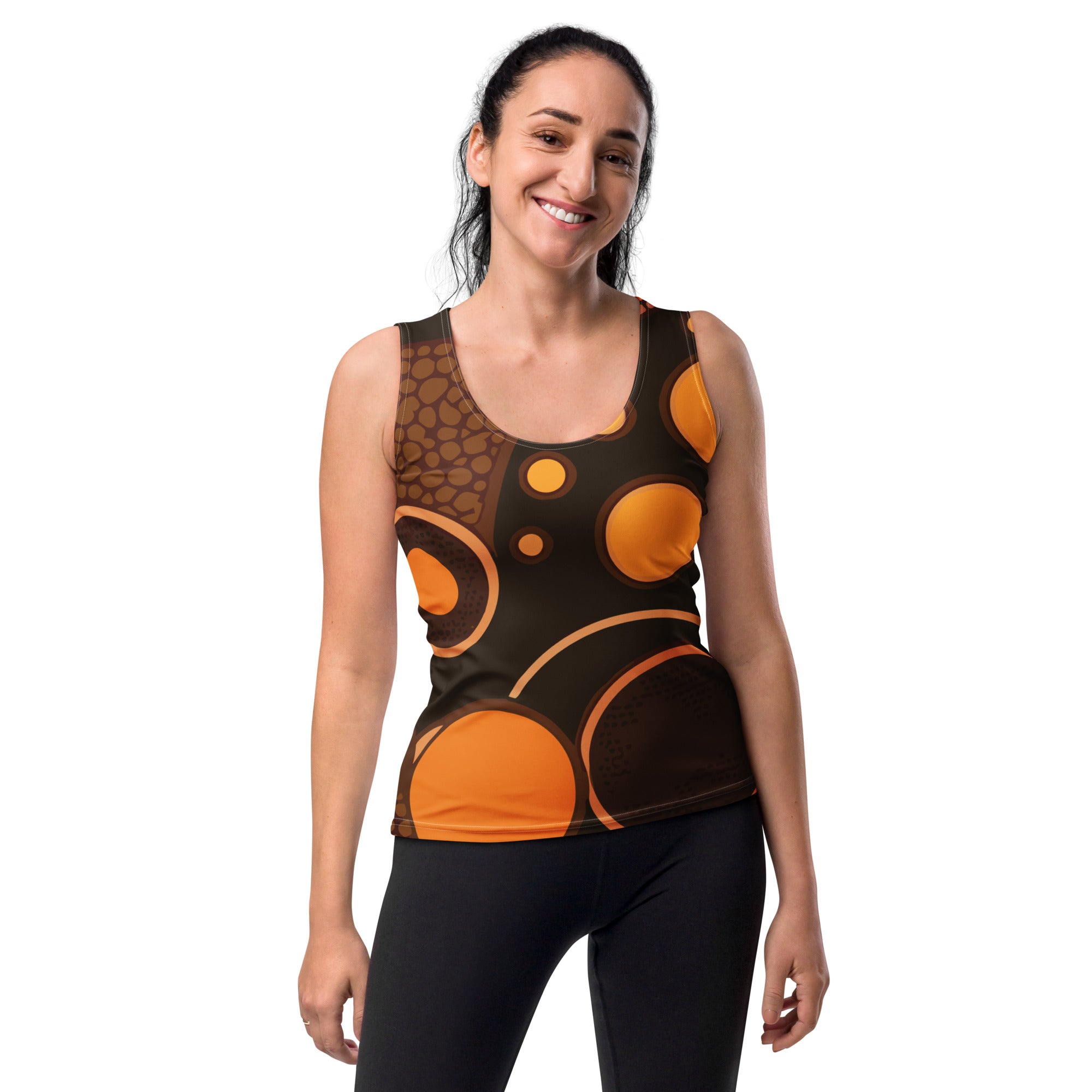 Women's Stretch Fit Tank Top in orange brown spotted print, showcasing a sleeveless design and scoop neckline for a flattering fit.