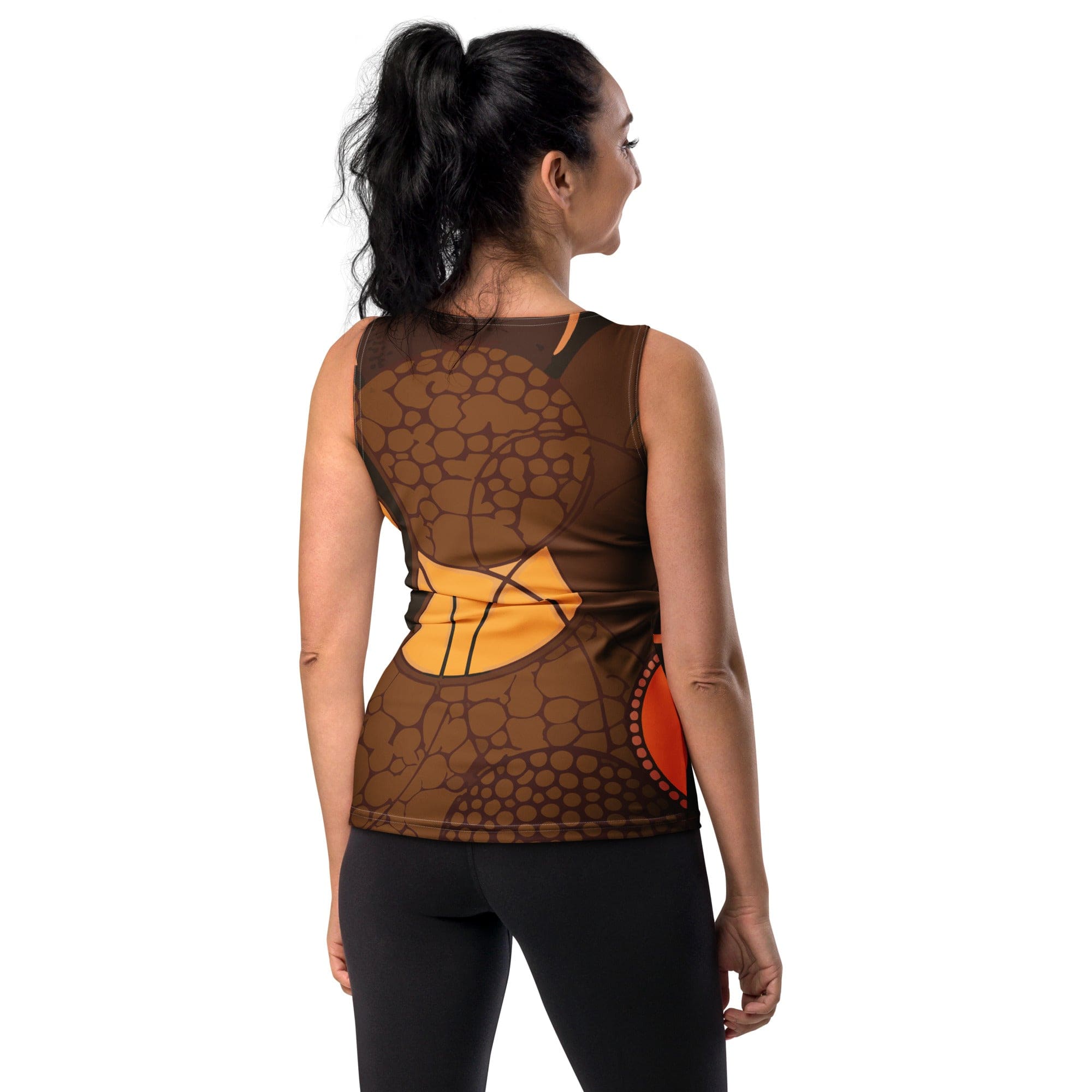 Women's Stretch Fit Tank Top in orange brown spotted print, showcasing a sleeveless design and scoop neckline for a flattering fit.