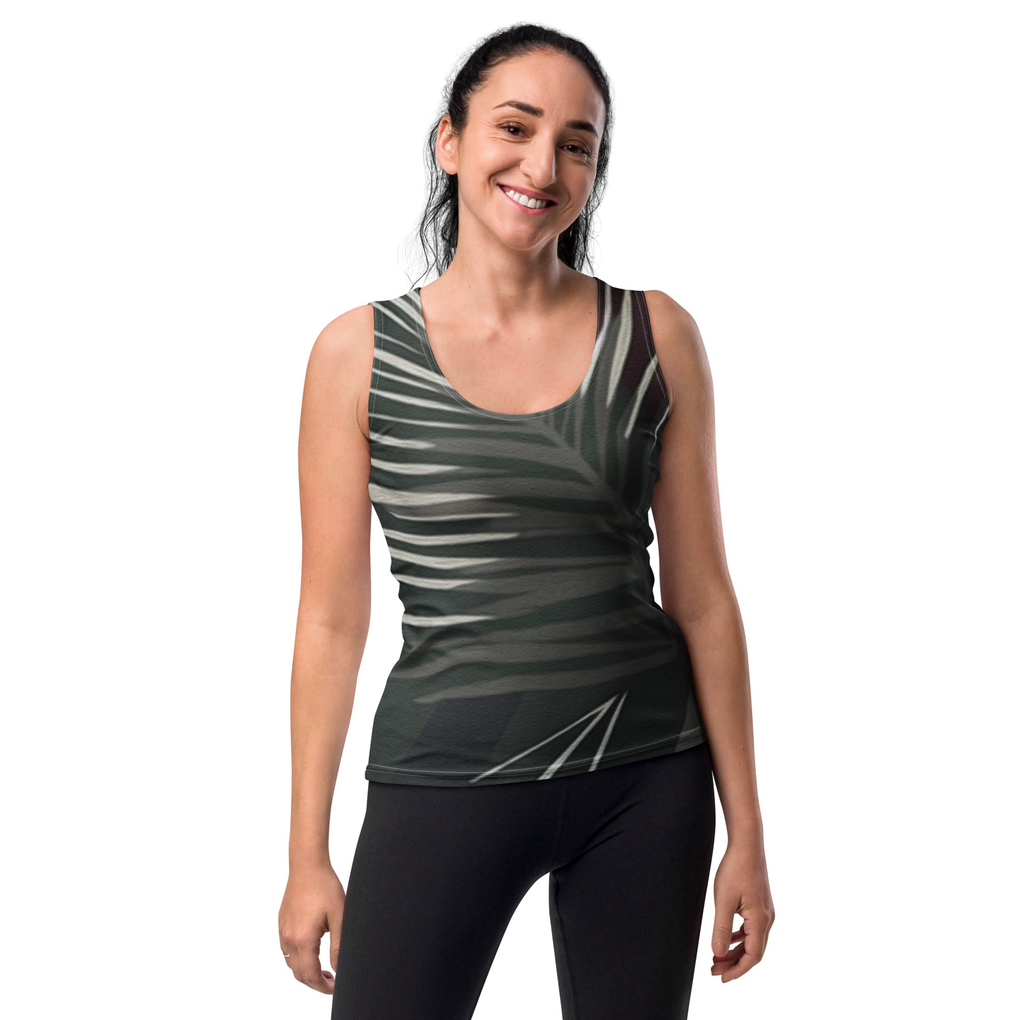 Women's Stretch Fit Tank Top with palm tree leaves design on a maroon green background, showcasing a stylish and comfortable sleeveless fit.