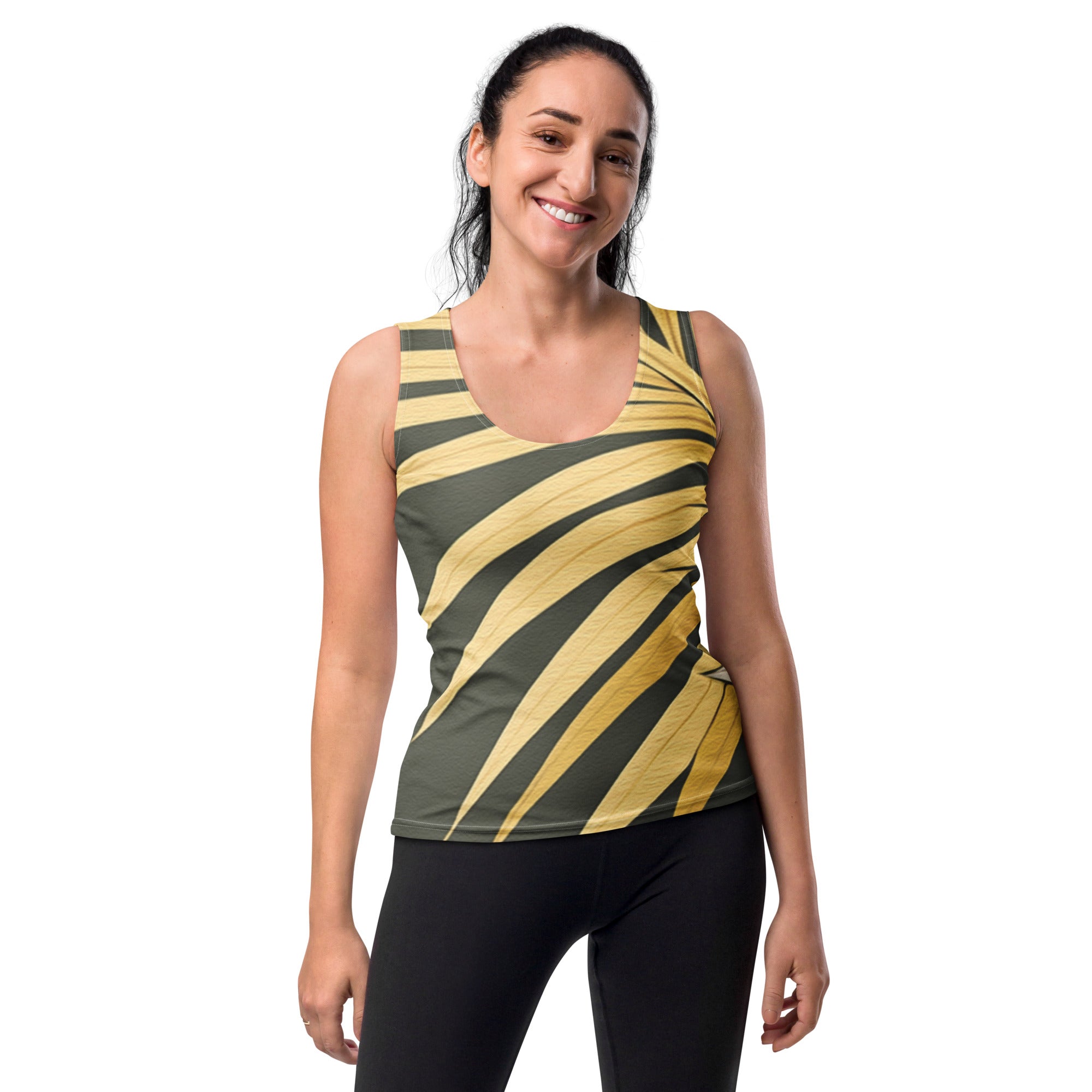 Women's Stretch Fit Tank Top featuring a vibrant Palm Tree Leaves Pattern, perfect for summer wear and workouts.