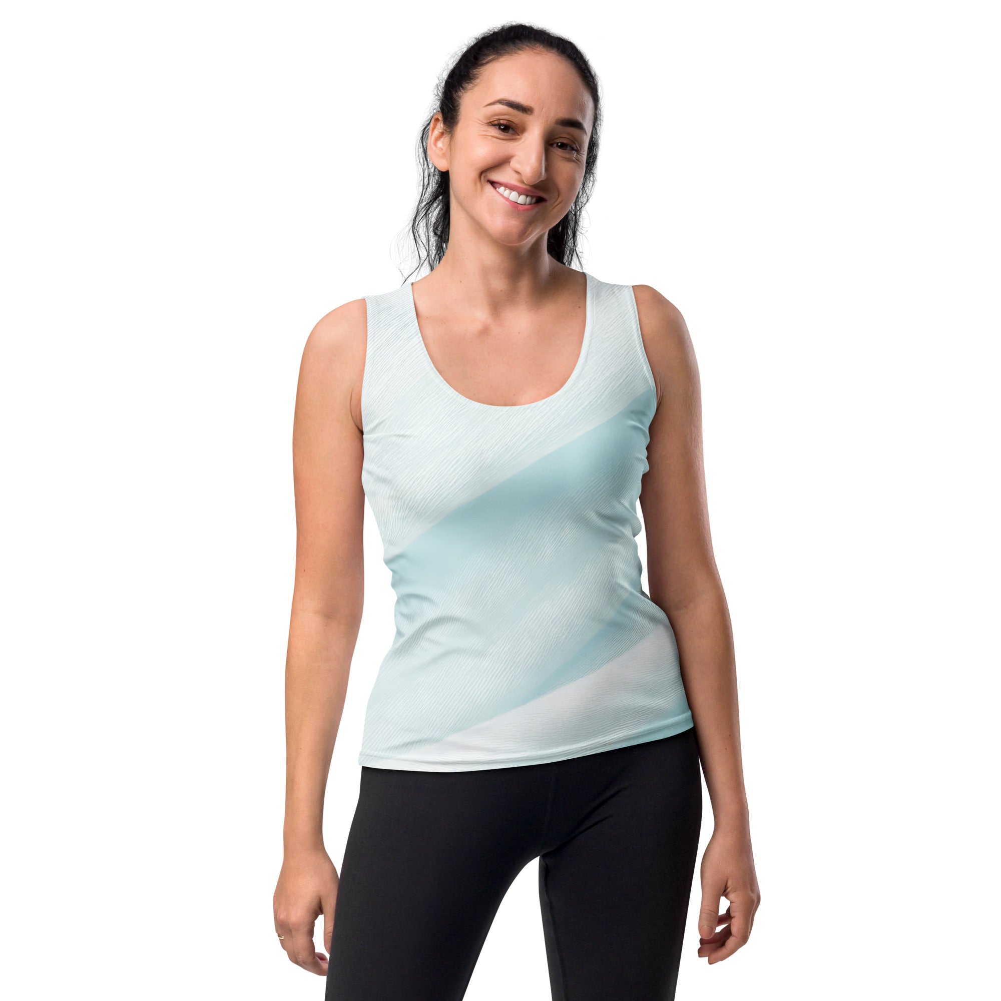 Womens Stretch Fit Tank Top in Pastel Blue Swirl, showcasing an abstract sky blue swirl pattern, perfect for workouts and casual wear.