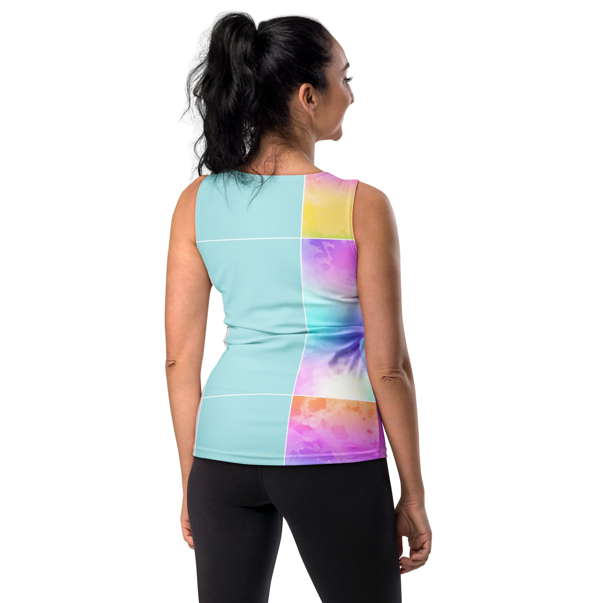 Women's Stretch Fit Tank Top in pastel colorblock watercolor design, showcasing a sleeveless style and scoop neckline.