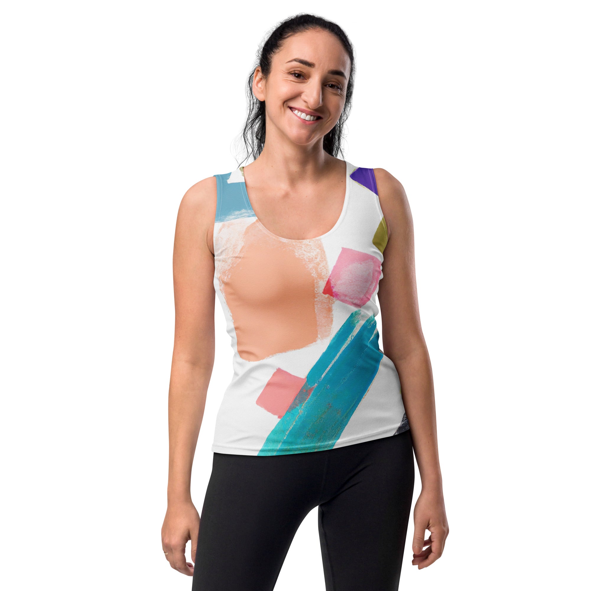 Womens Stretch Fit Tank Top in pastel pattern, showcasing a sleeveless design and scoop neckline, perfect for workouts and casual wear.