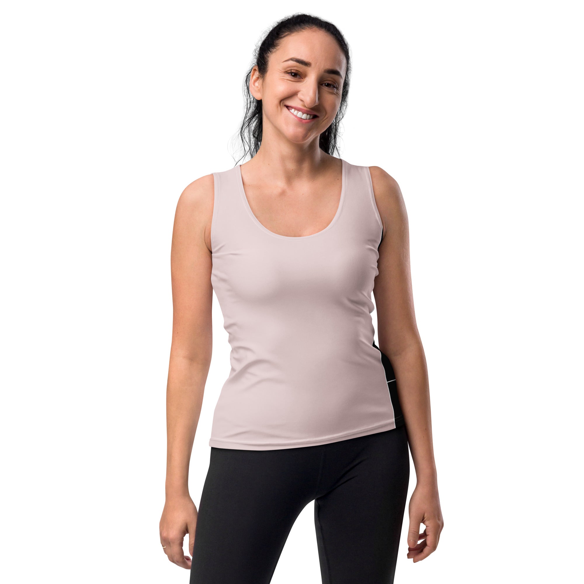 Women's Stretch Fit Tank Top in pastel pink, black, and blue colorblock design, showcasing a sleeveless style and scoop neckline.