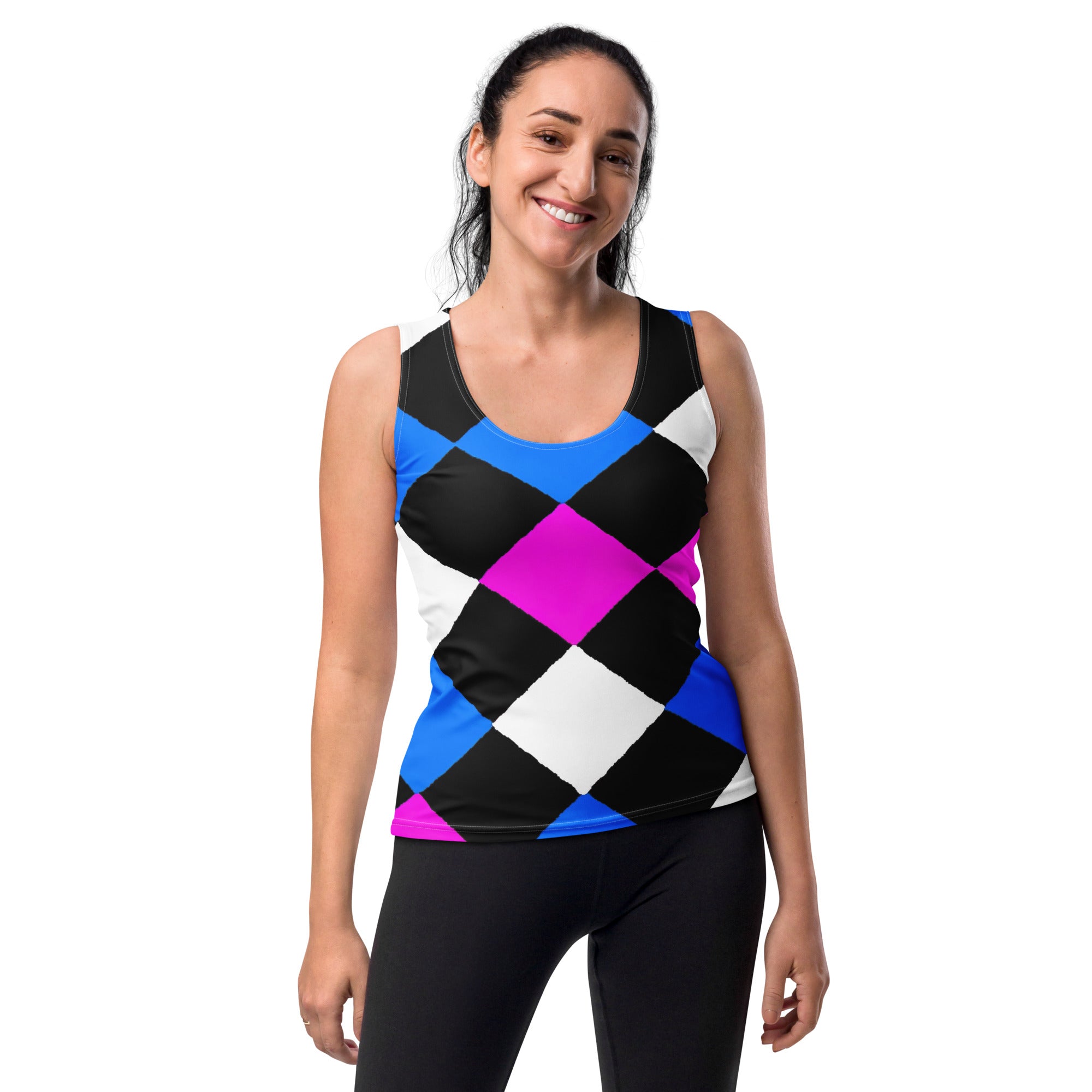 Women's Stretch Fit Tank Top in pink blue checkered pattern, showcasing a sleeveless design and scoop neckline for a stylish look.