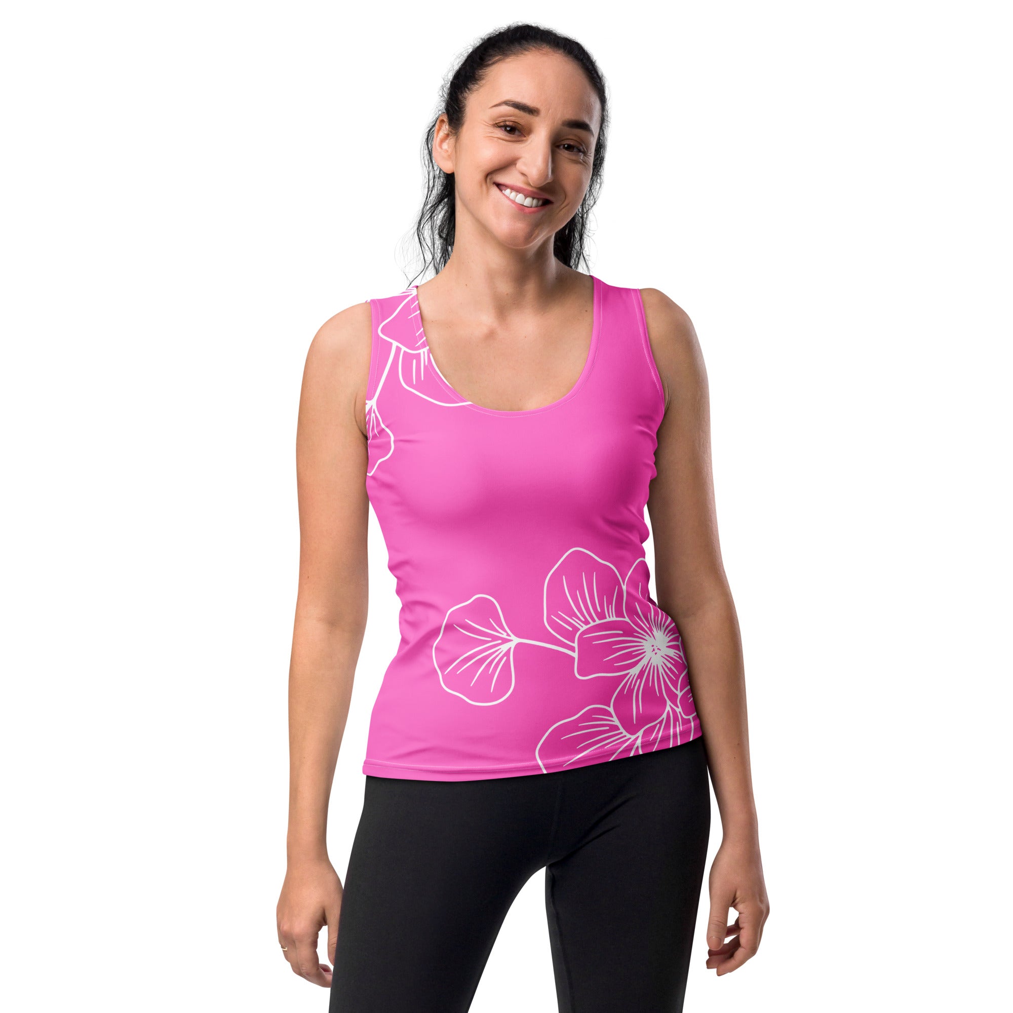 Women's Stretch Fit Tank Top in Pink Floral, featuring a scoop neckline and sleeveless design, perfect for workouts and casual wear.