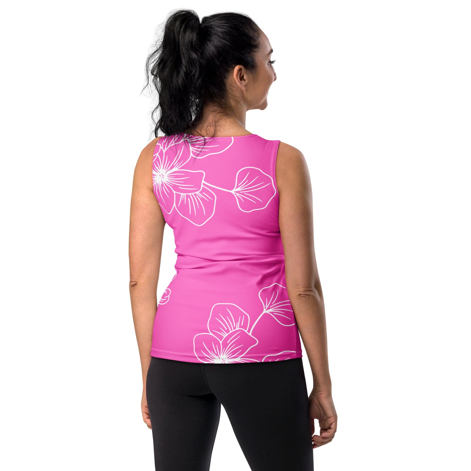 Women's Stretch Fit Tank Top in Pink Floral, featuring a scoop neckline and sleeveless design, perfect for workouts and casual wear.