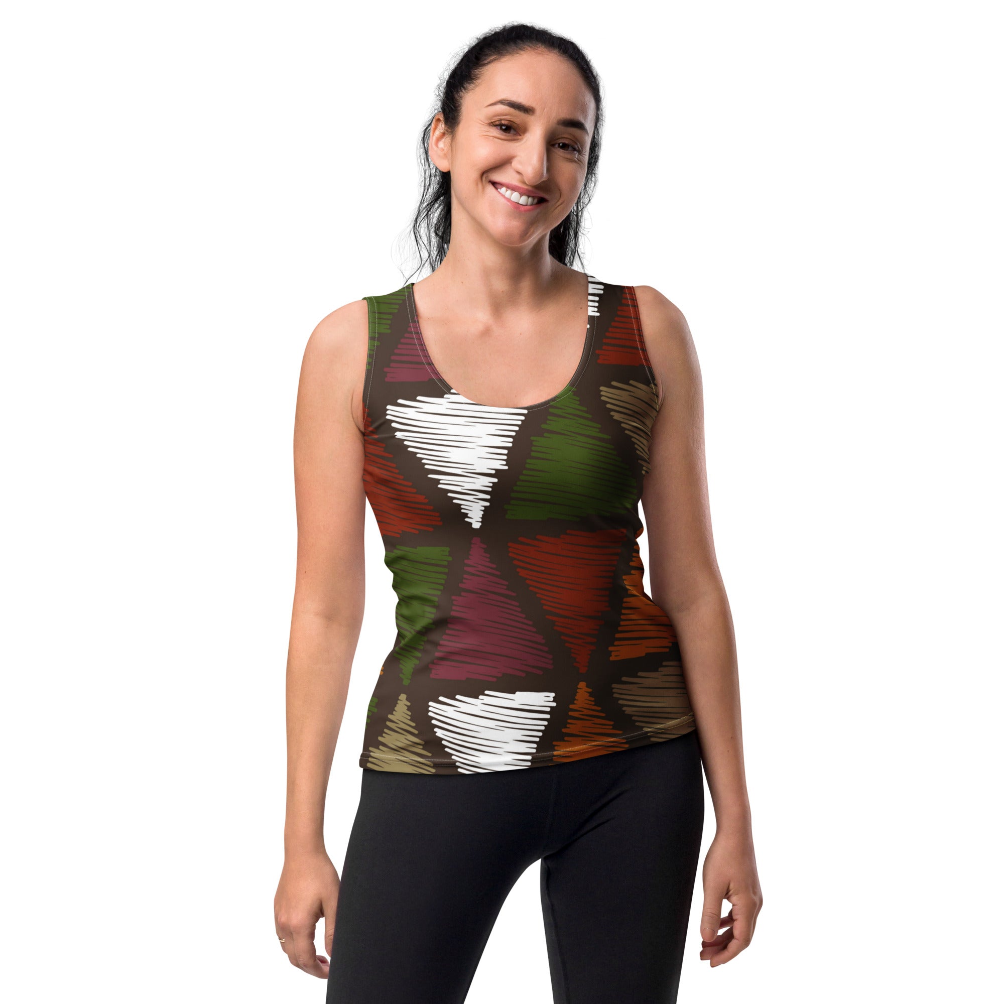 A vibrant women's stretch fit tank top featuring a red and green geometric pattern, perfect for workouts and casual wear.