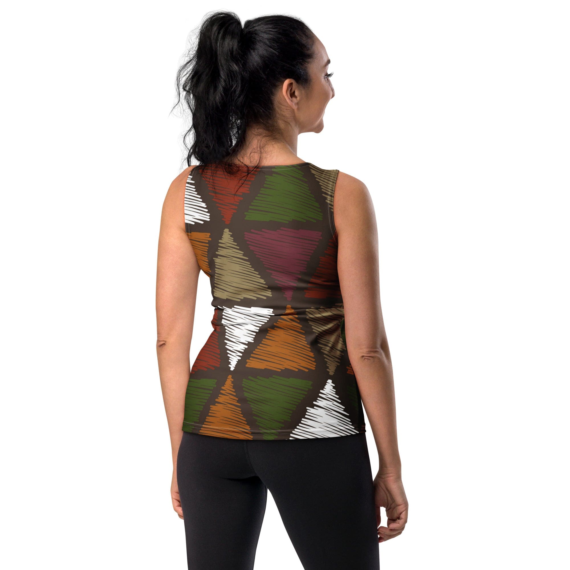 A vibrant women's stretch fit tank top featuring a red and green geometric pattern, perfect for workouts and casual wear.