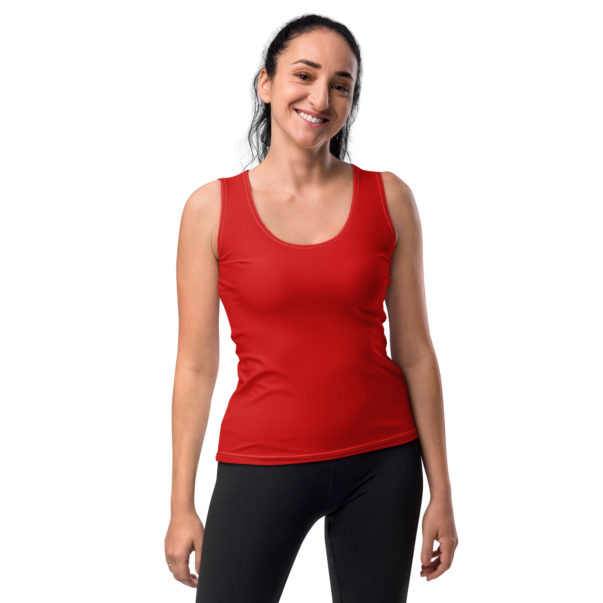 Red Womens Stretch Fit Tank Top with scoop neckline and sleeveless design, perfect for workouts and casual wear.