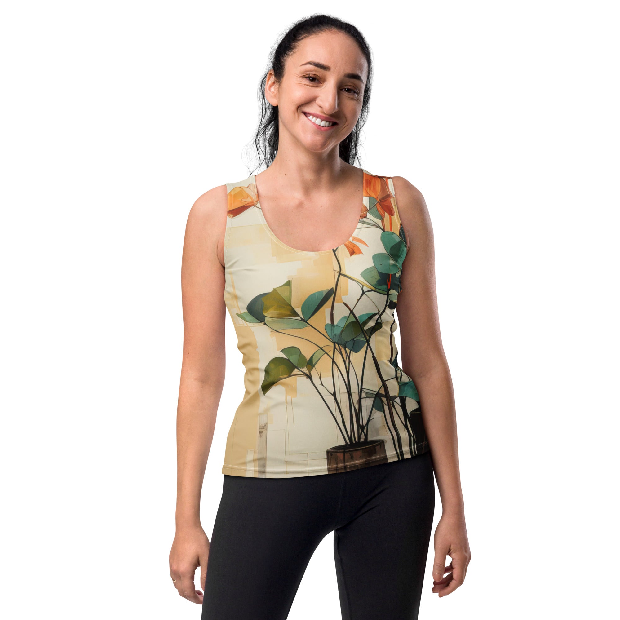 Womens Stretch Fit Tank Top with Rustic Botanical Plants design, showcasing a sleeveless style and scoop neckline for a flattering fit.