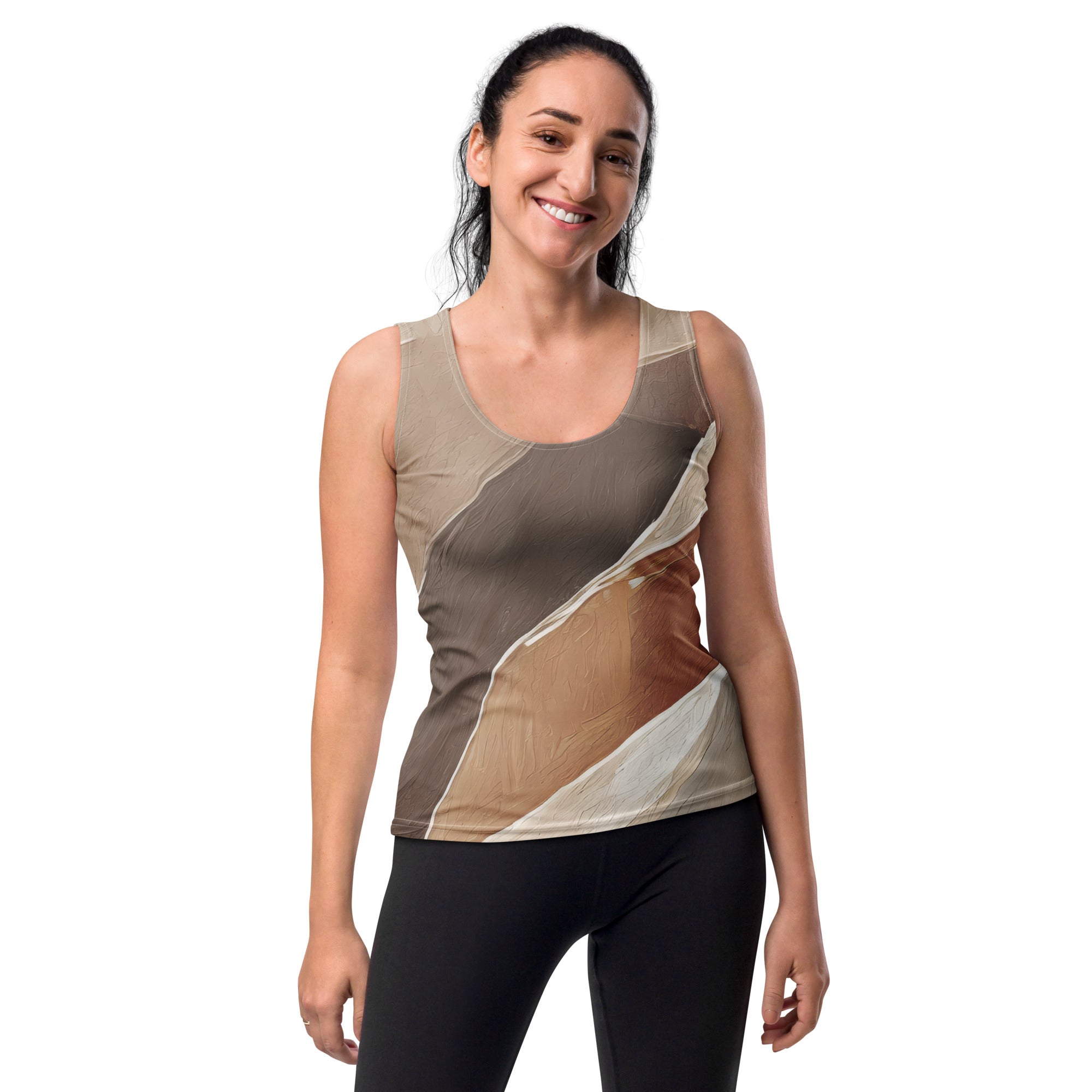 Womens Stretch Fit Tank Top in Rustic Brown Stone Print, showcasing a sleeveless design and scoop neckline for a flattering fit.