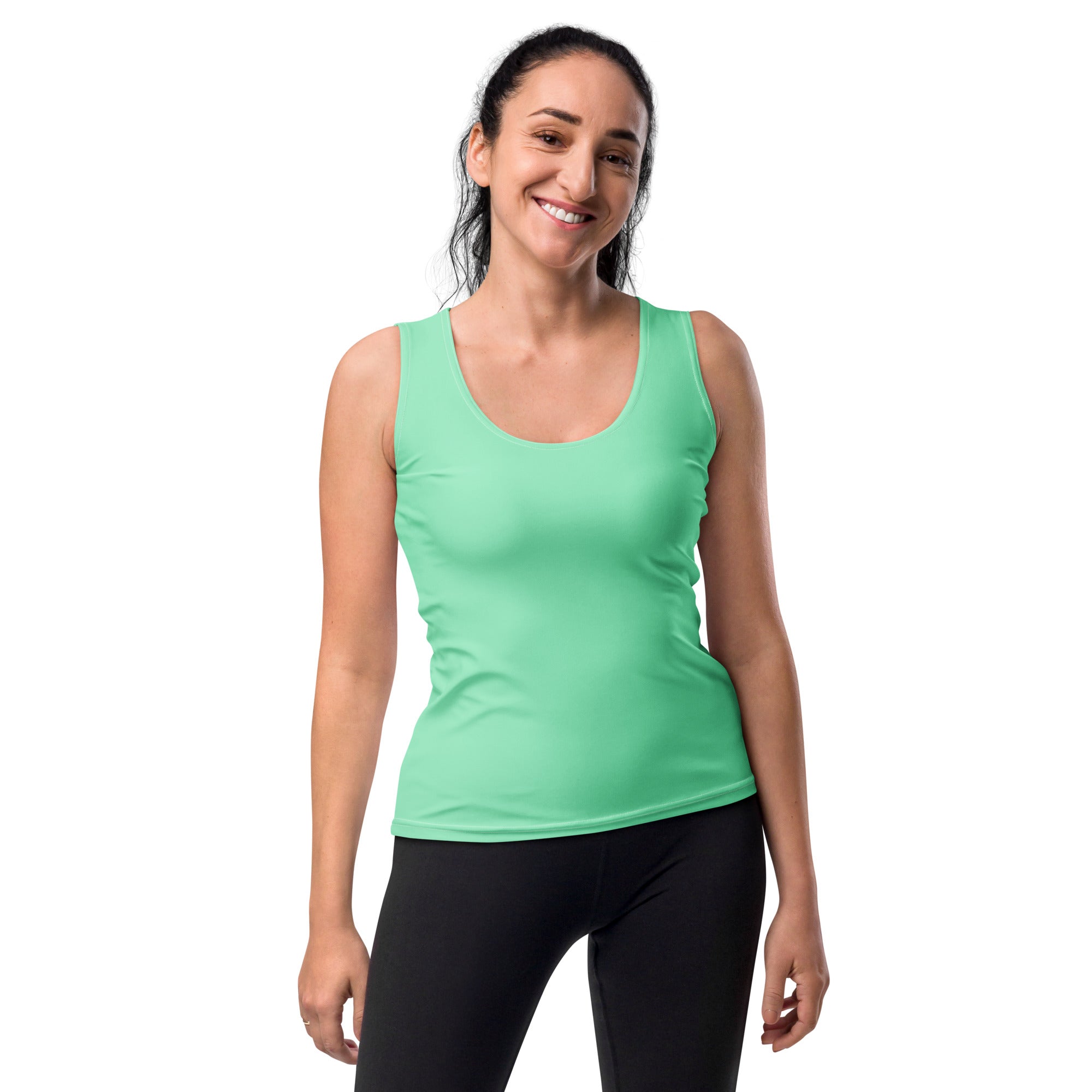 Womens Stretch Fit Tank Top in Seafoam Green, showcasing a sleeveless design and scoop neckline, perfect for workouts and casual wear.