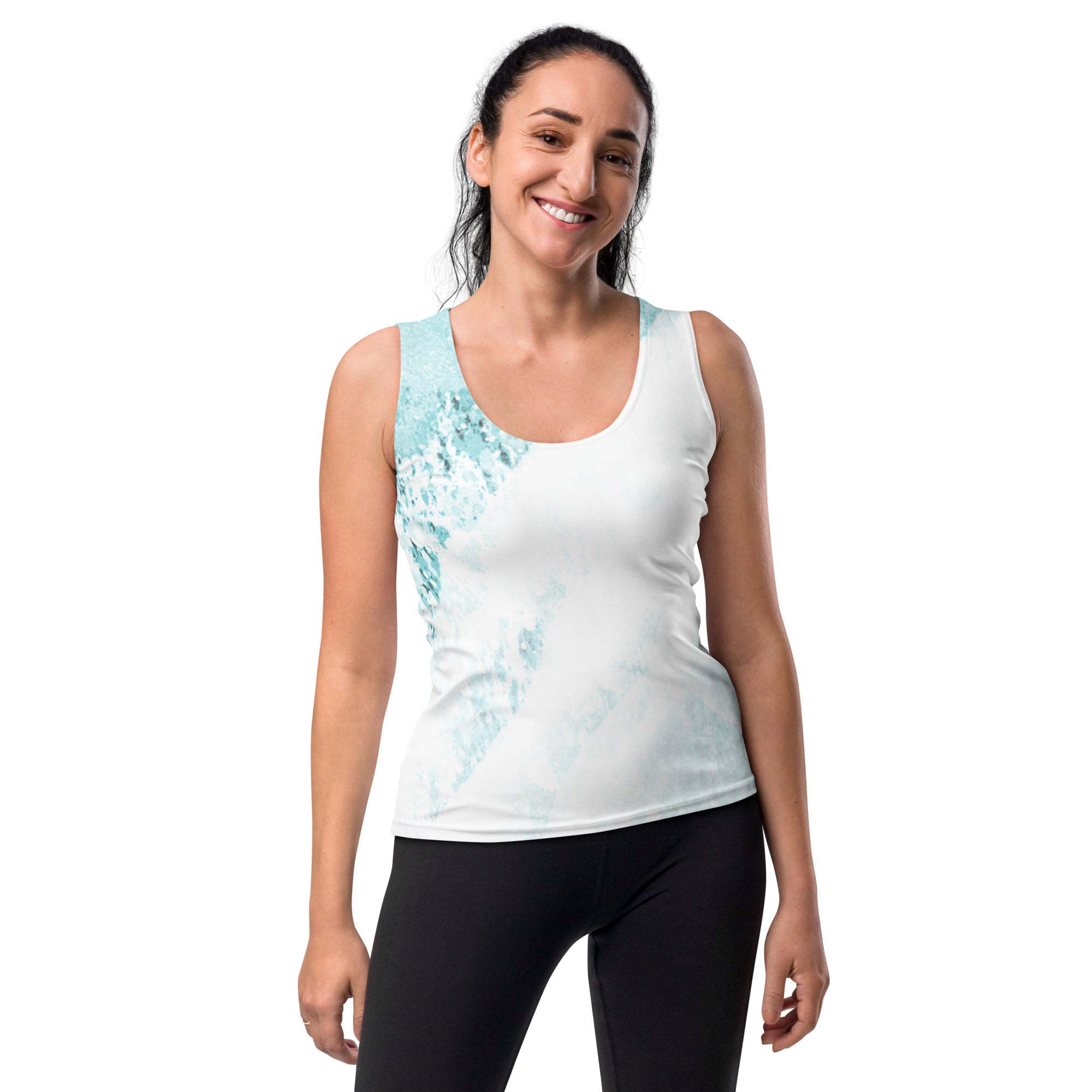 Womens Stretch Fit Tank Top in ocean blue and white abstract print, showcasing a sleeveless design and scoop neckline.