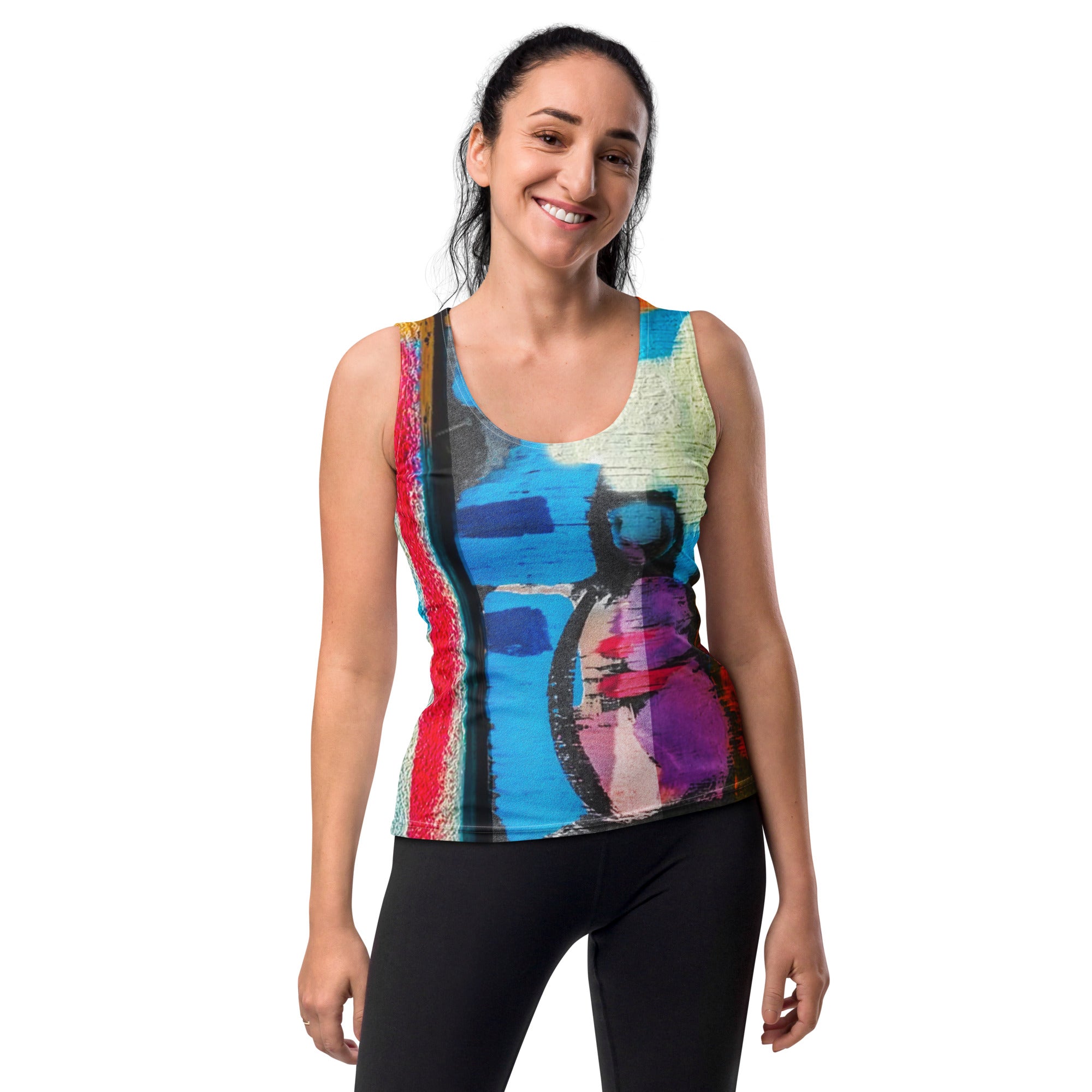 Womens Stretch Fit Tank Top in Sutileza Red with multicolor abstract print, showcasing a sleeveless design and scoop neckline.