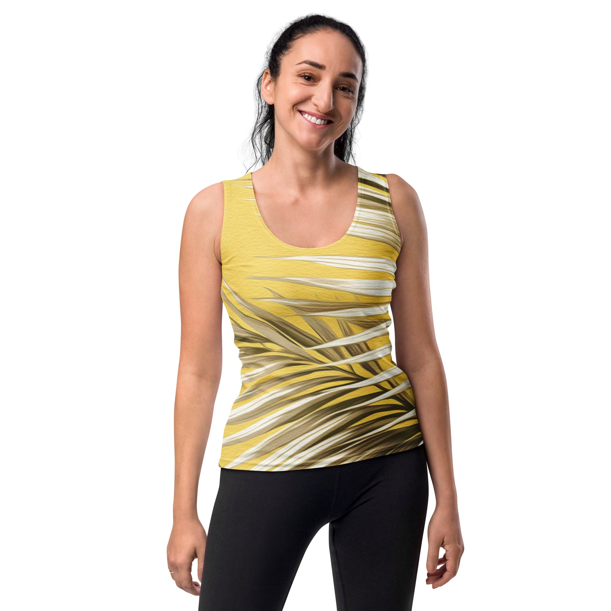 Women's Stretch Fit Tank Top in white with brown palm leaves pattern, showcasing a sleeveless design and scoop neckline.