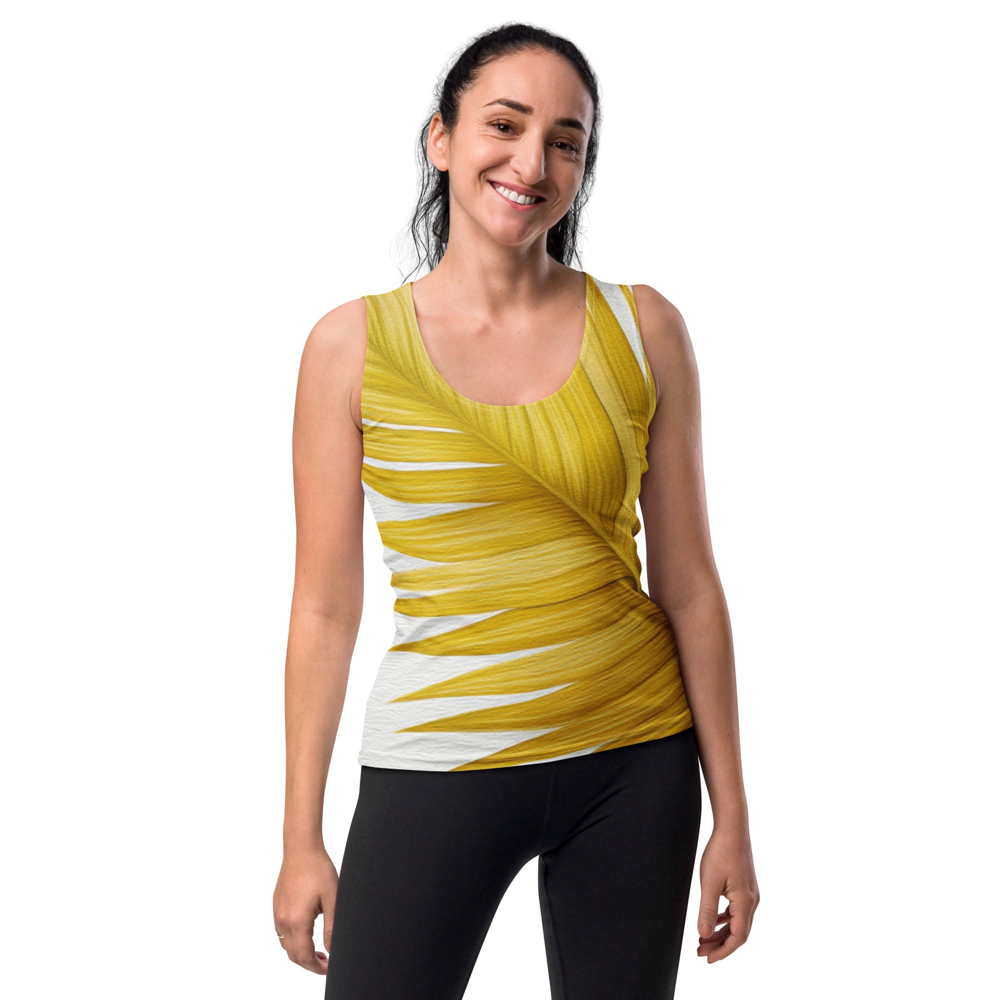 Women's Stretch Fit Tank Top in yellow with palm leaves design, showcasing a sleeveless style and scoop neckline.