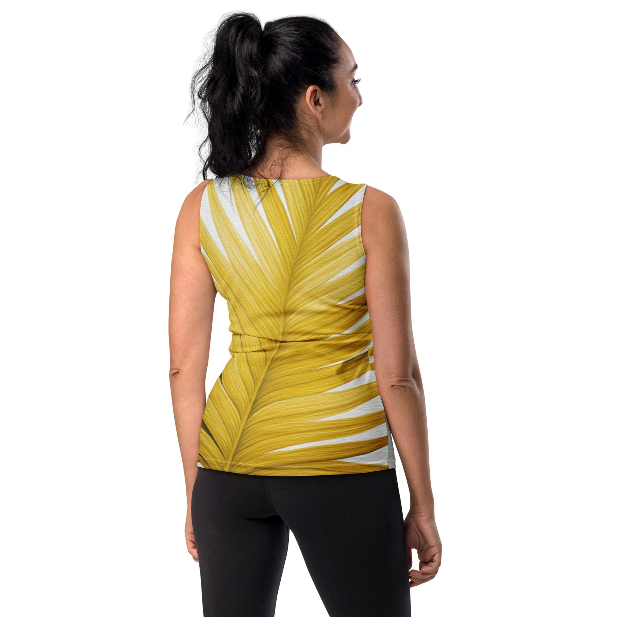 Women's Stretch Fit Tank Top in yellow with palm leaves design, showcasing a sleeveless style and scoop neckline.