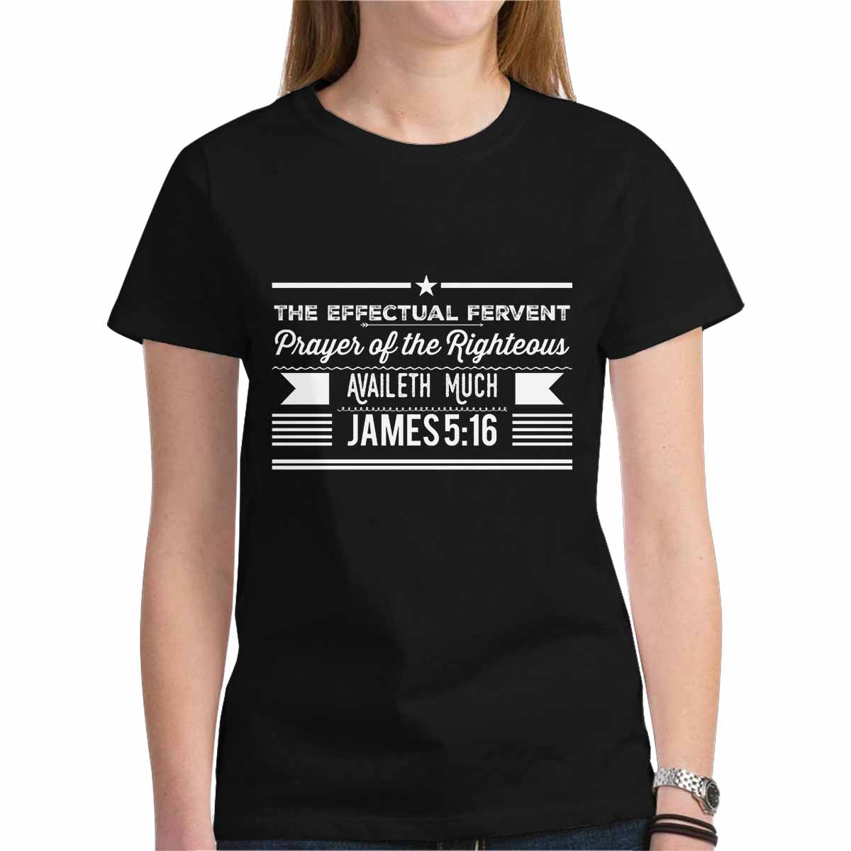 Women's black graphic T-shirt featuring James 5:16 verse, made from 100% pre-shrunk cotton with cap sleeves.