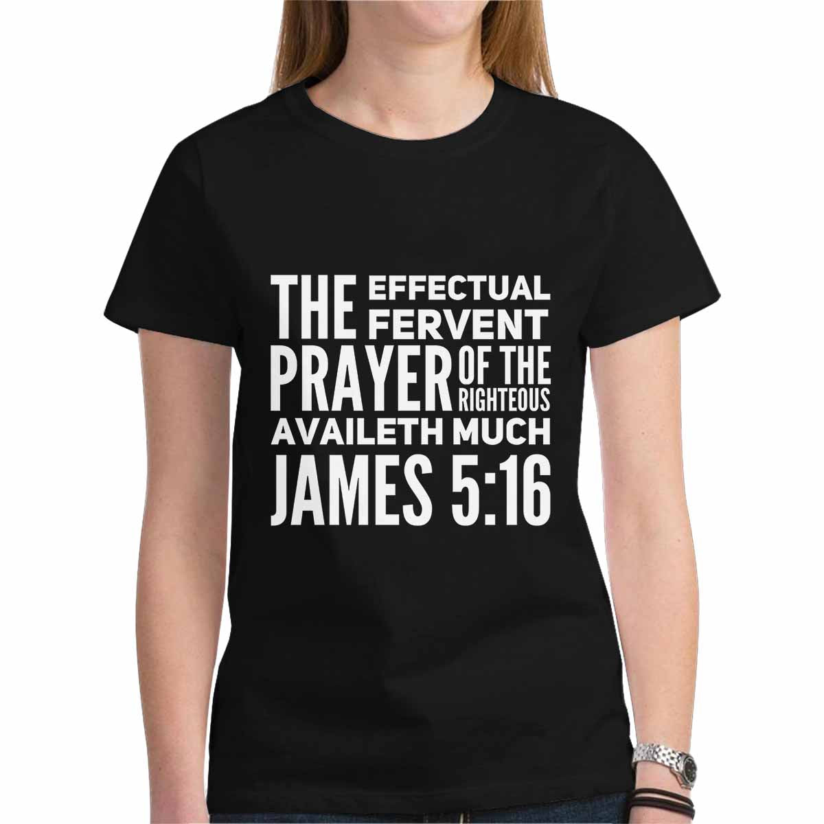 Black Women's T-shirt featuring James 5:16 graphic design, showcasing cap sleeves and a comfortable fit.