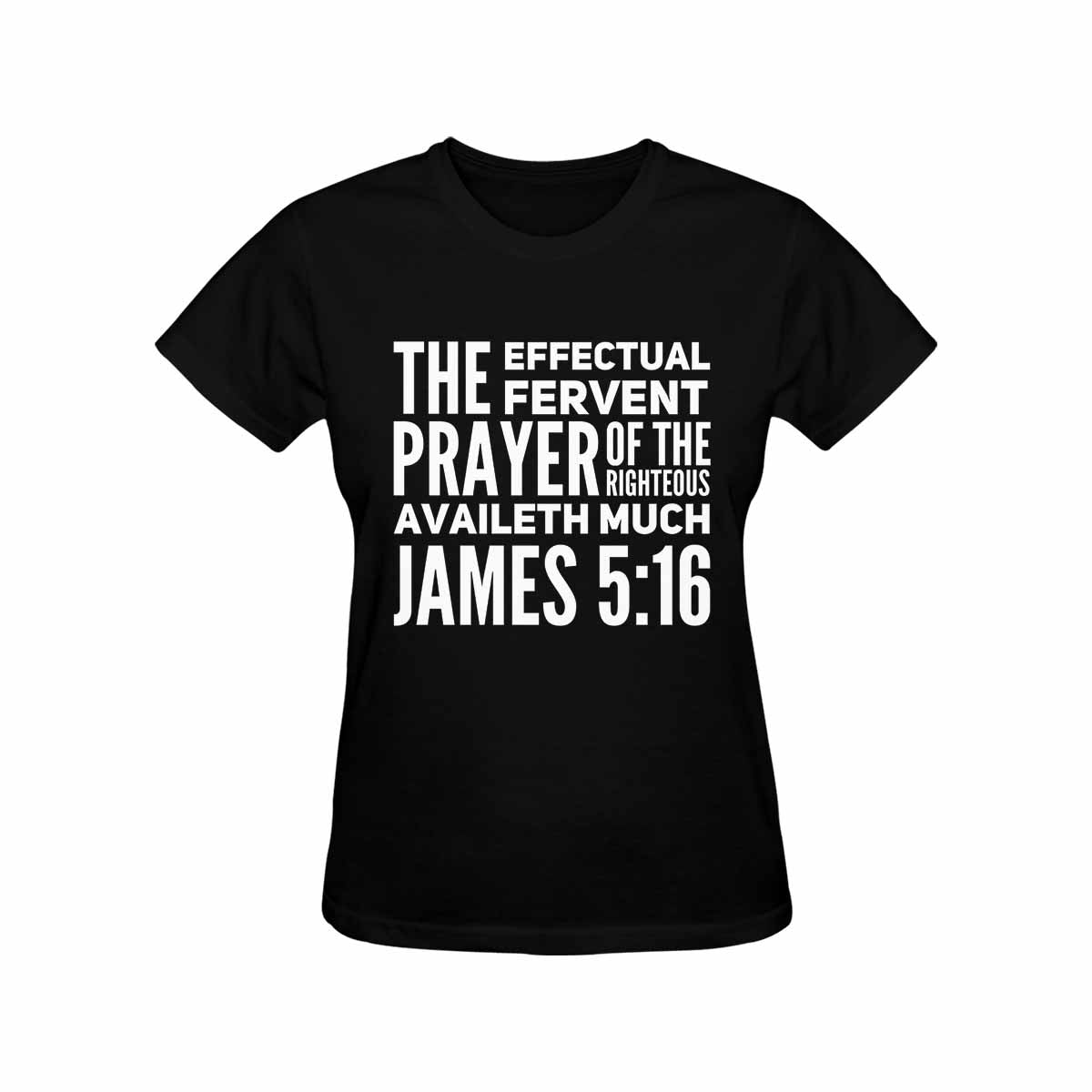 Black Women's T-shirt featuring James 5:16 graphic design, showcasing cap sleeves and a comfortable fit.