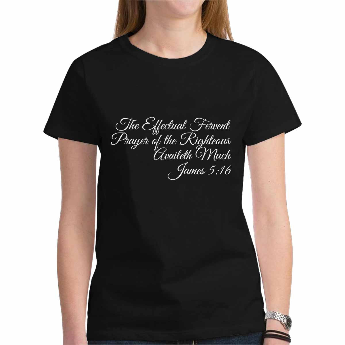 Women's T-shirt featuring James 5:16 graphic in safety pink color, showcasing cap sleeves and double-needle stitched hems.