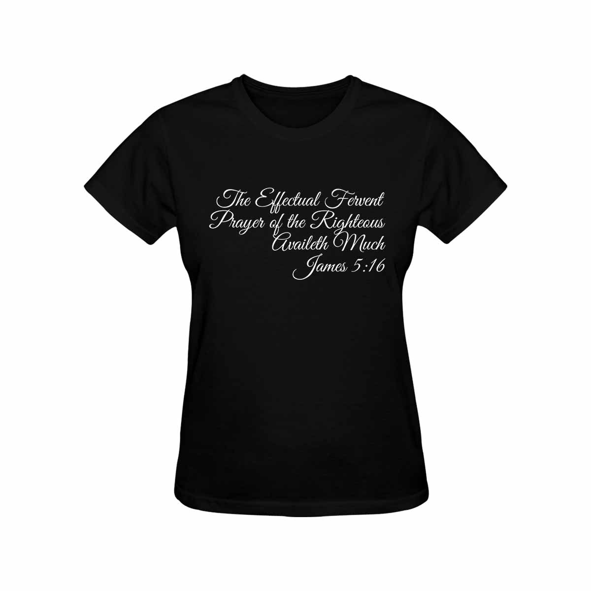 Women's T-shirt featuring James 5:16 graphic in safety pink color, showcasing cap sleeves and double-needle stitched hems.