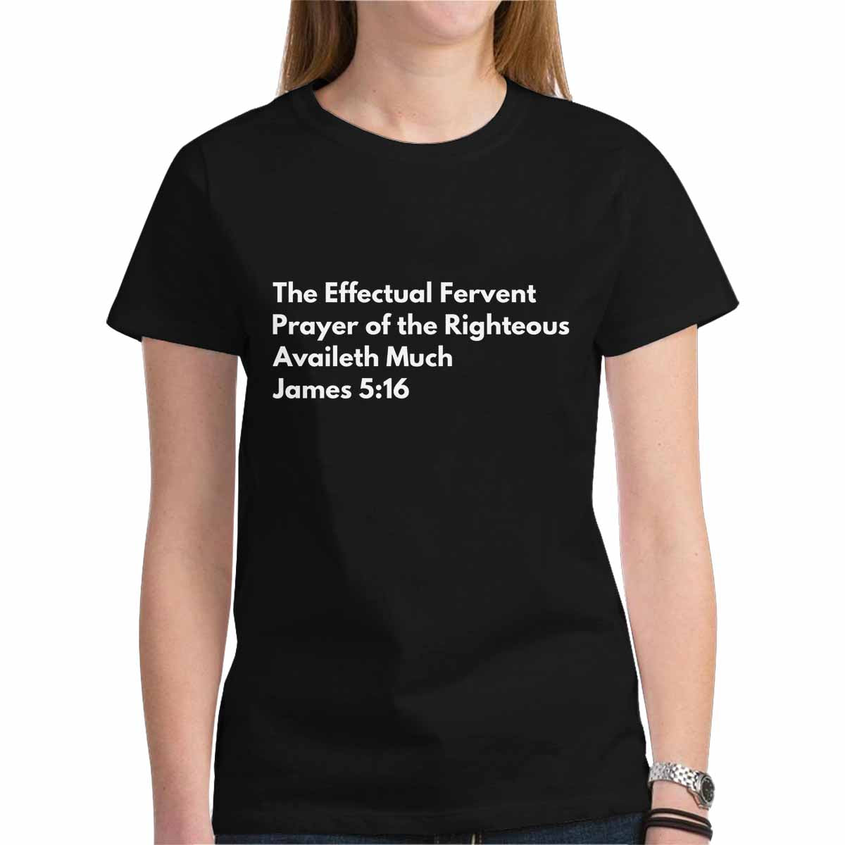 Women's T-shirt featuring James 5:16 graphic design in safety pink and sport grey colors, showcasing cap sleeves and a comfortable fit.