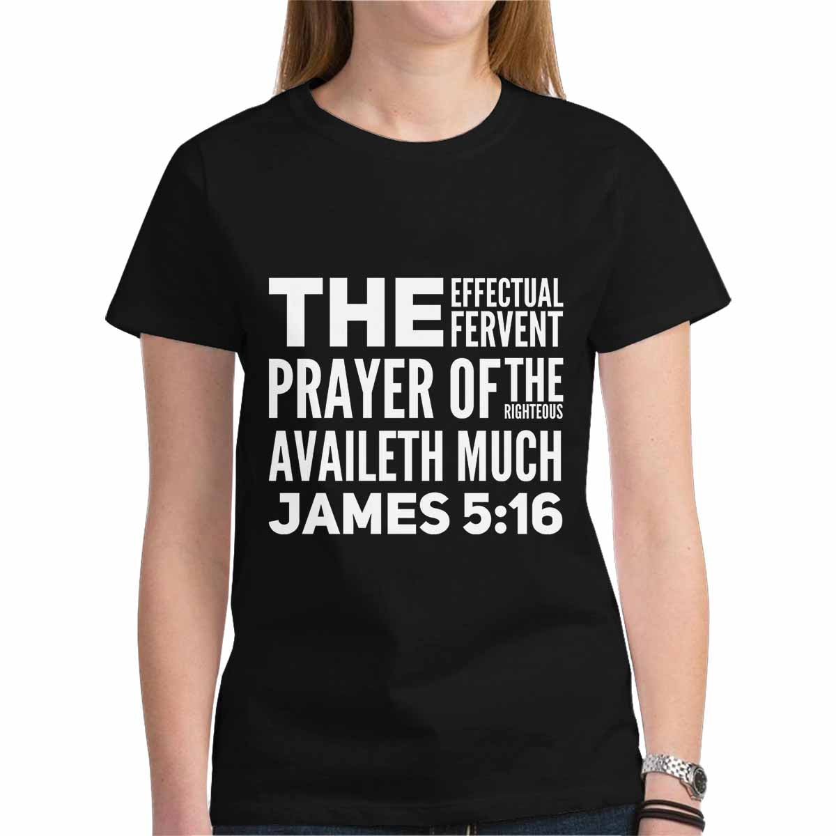 Women's T-shirt in safety pink with James 5:16 graphic, featuring cap sleeves and a comfortable fit.