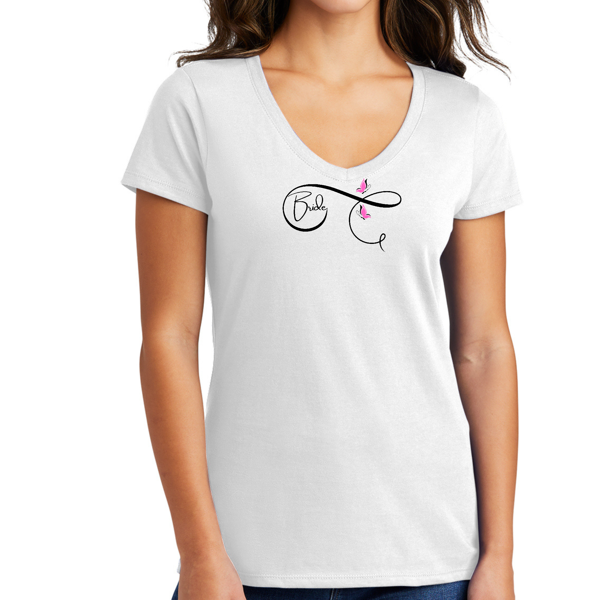 Womens V-neck Graphic T-shirt featuring a Bride design with a pink butterfly illustration, perfect for casual outings and bridal celebrations.