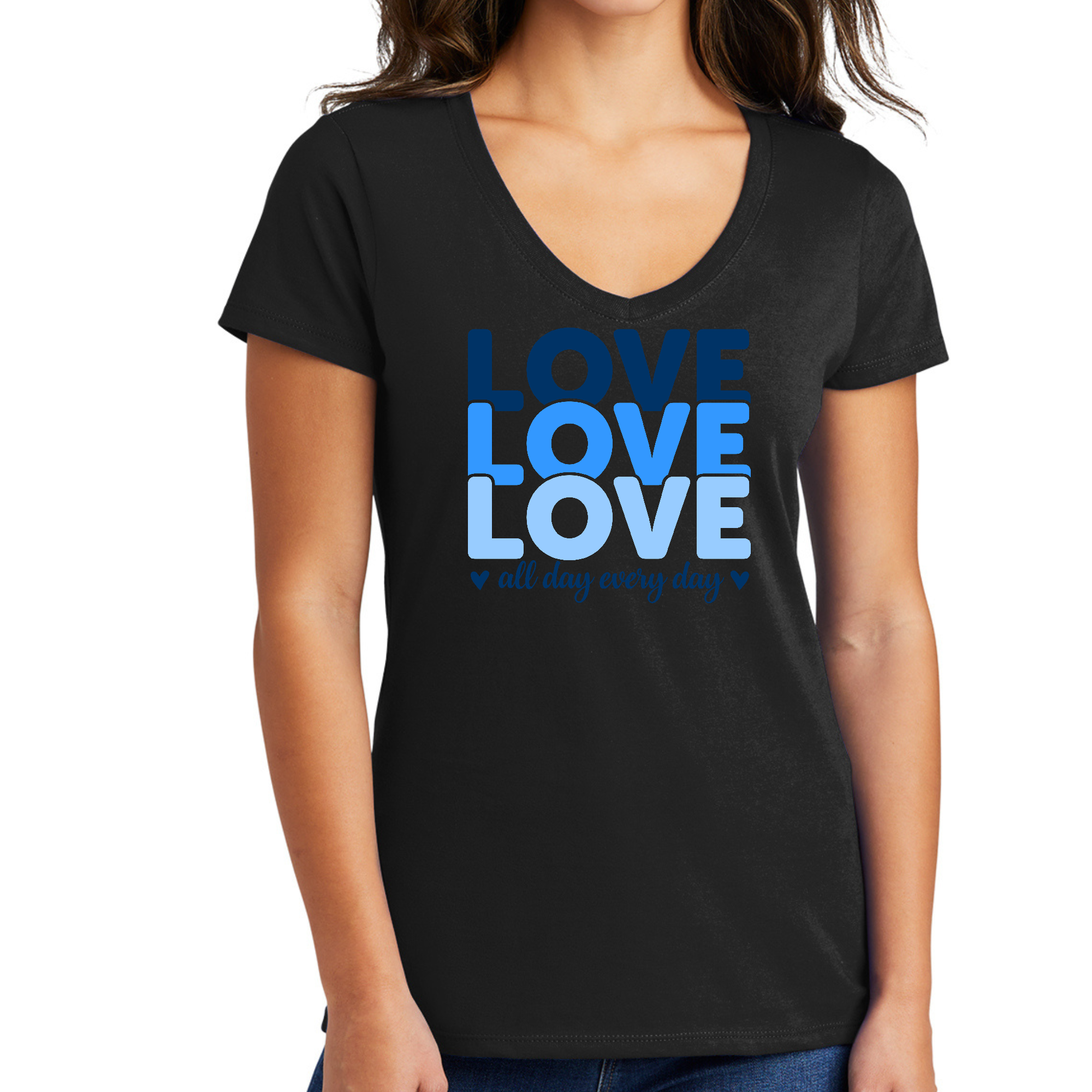 Womens V-neck Graphic T-shirt featuring a vibrant 'Love All Day Every Day' print, showcasing a stylish and creative design.